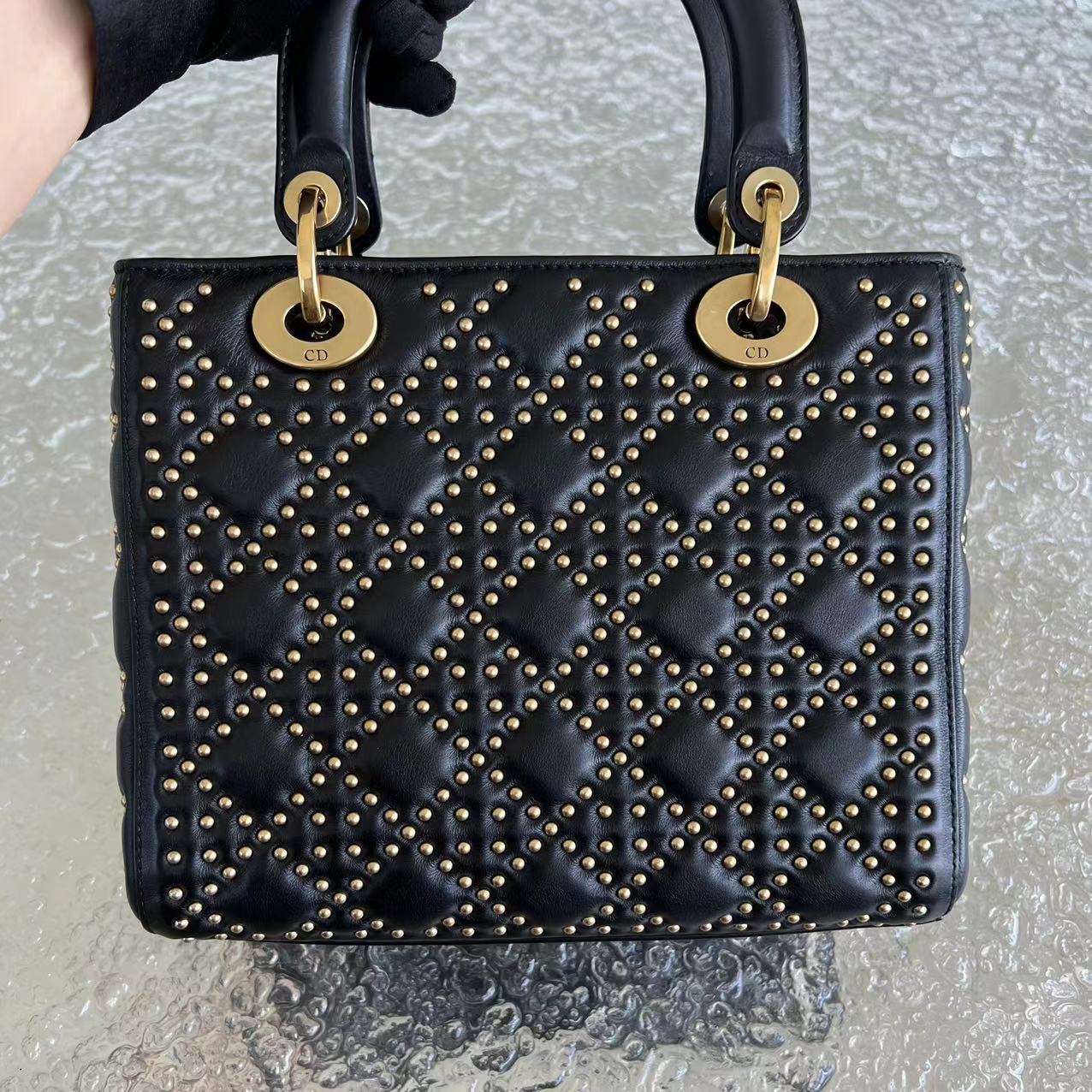 *Flap Version* Dior Lady Medium Studded Cannage Lambskin Black Golden Hardware - Luxury Evermore