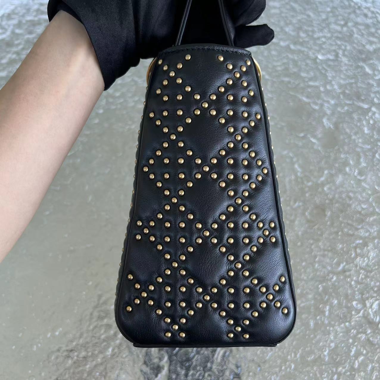 *Flap Version* Dior Lady Medium Studded Cannage Lambskin Black Golden Hardware - Luxury Evermore