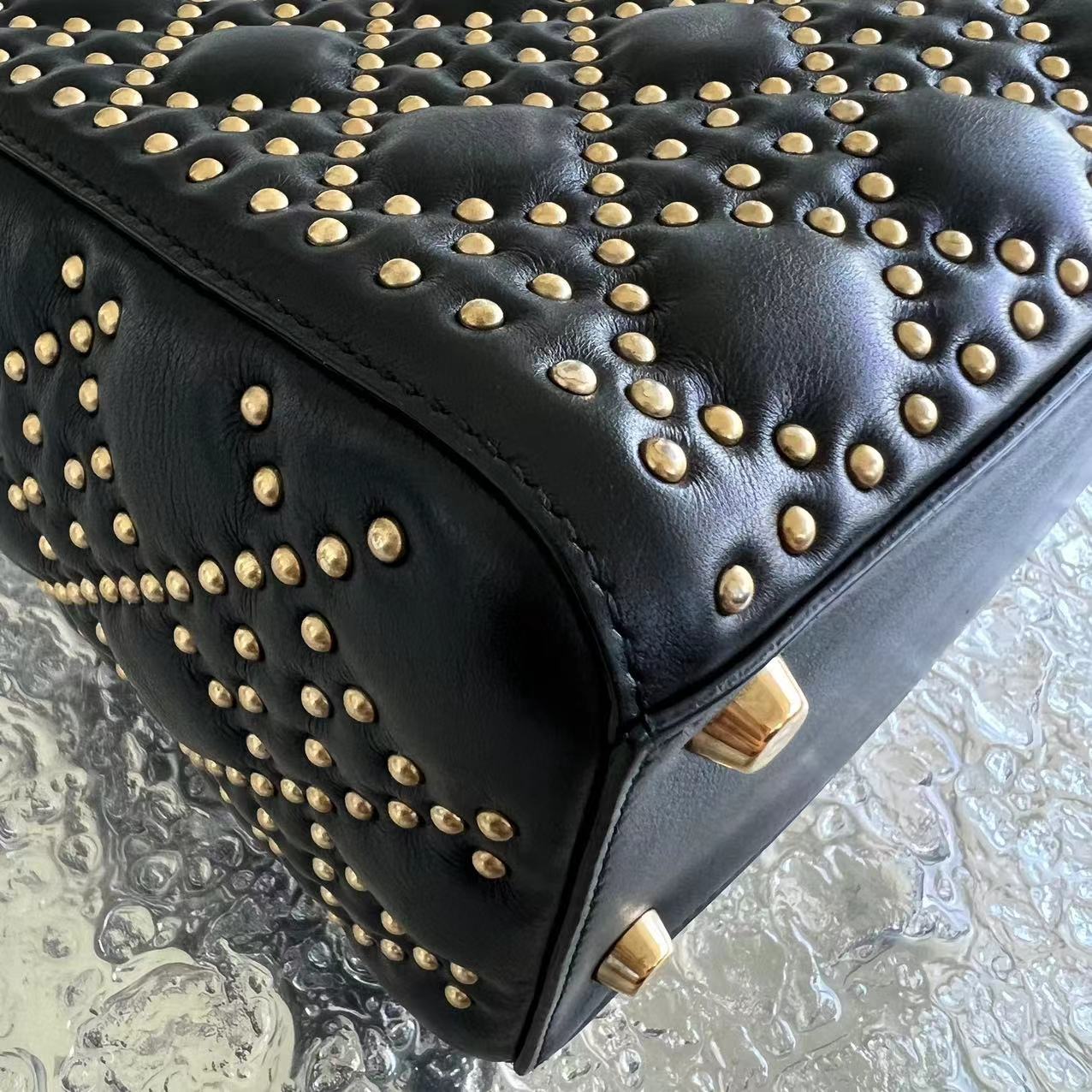 *Flap Version* Dior Lady Medium Studded Cannage Lambskin Black Golden Hardware - Luxury Evermore