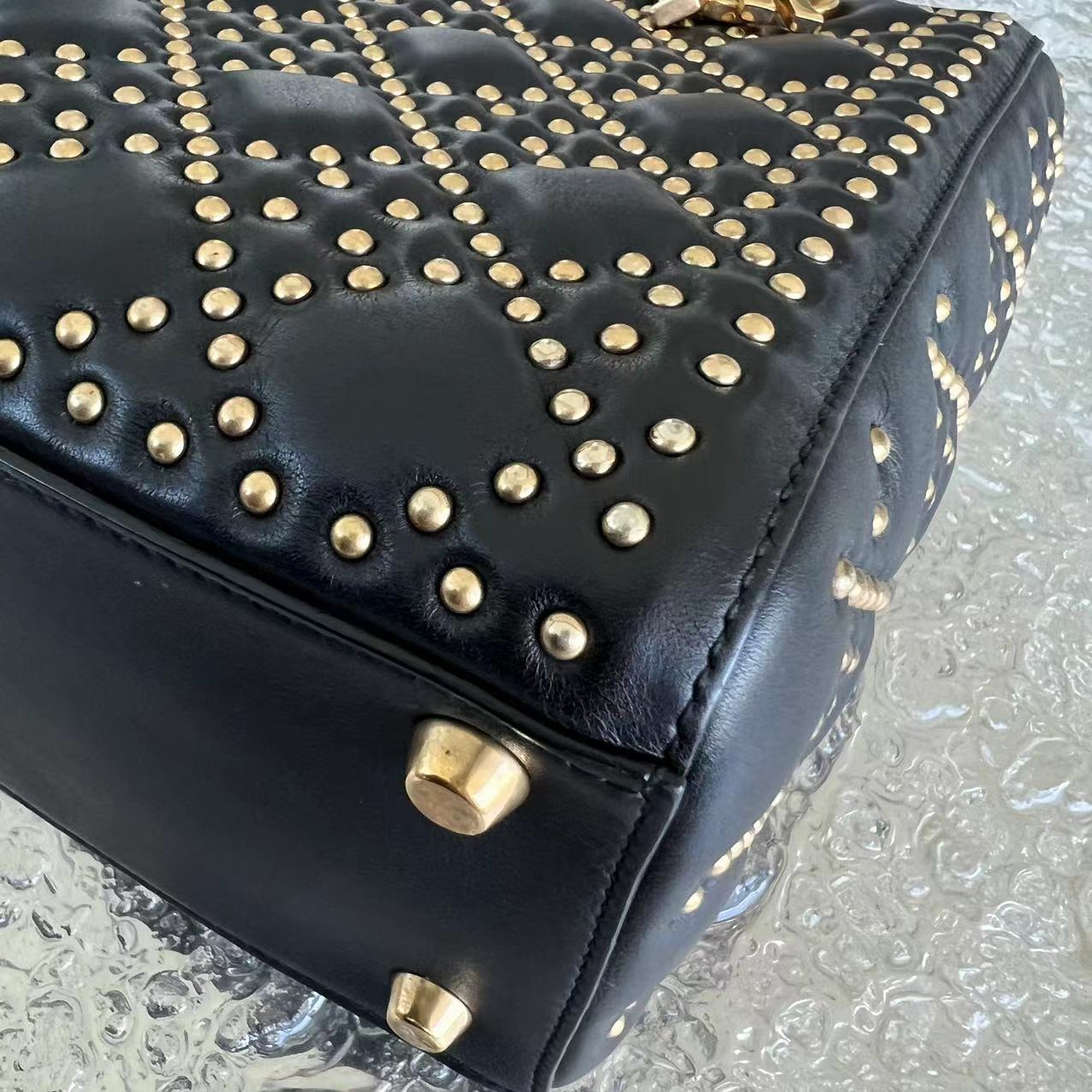 *Flap Version* Dior Lady Medium Studded Cannage Lambskin Black Golden Hardware - Luxury Evermore