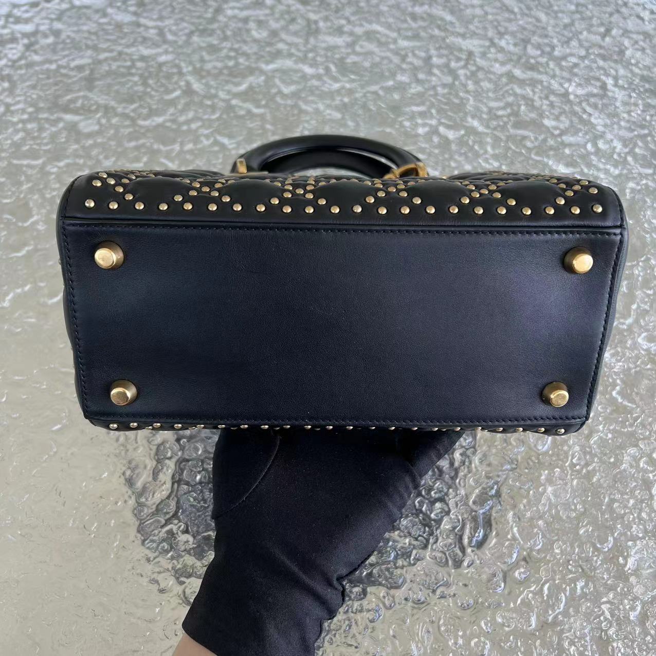 *Flap Version* Dior Lady Medium Studded Cannage Lambskin Black Golden Hardware - Luxury Evermore