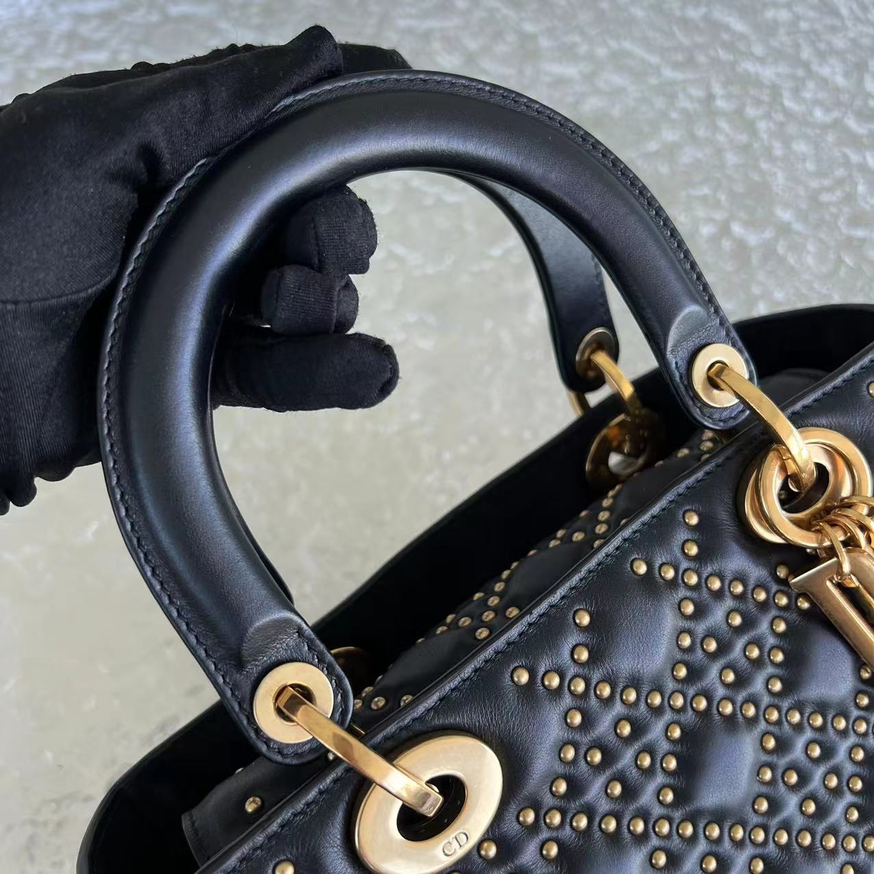 *Flap Version* Dior Lady Medium Studded Cannage Lambskin Black Golden Hardware - Luxury Evermore