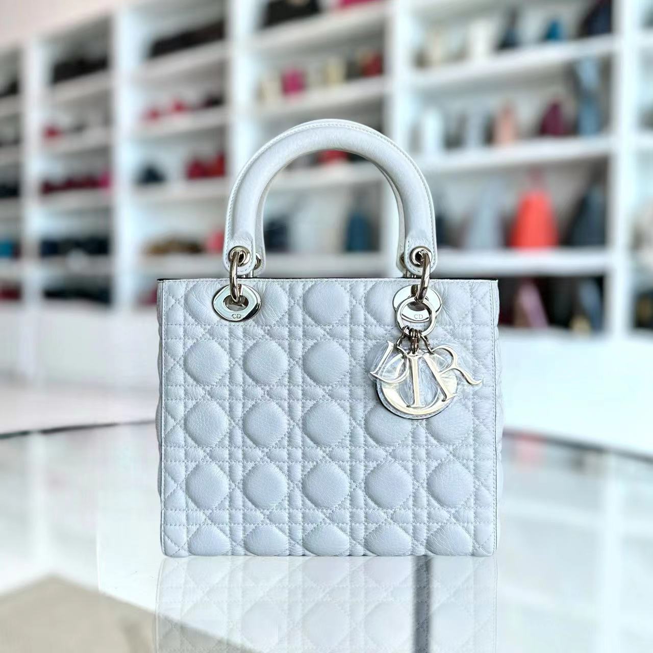 *Flap Version, Grained Calfskin, No Strap* Dior Lady Medium White Cannage Grained Calfskin White GHW - Luxury Evermore