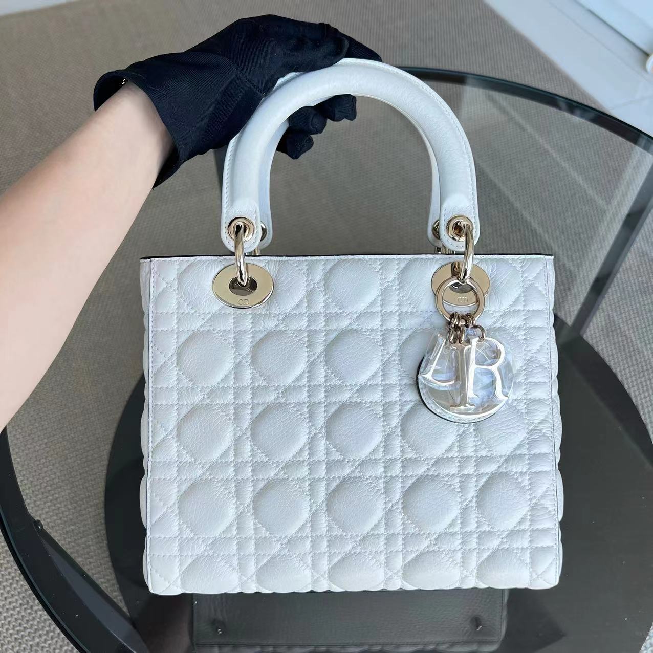 *Flap Version, Grained Calfskin, No Strap* Dior Lady Medium White Cannage Grained Calfskin White GHW - Luxury Evermore