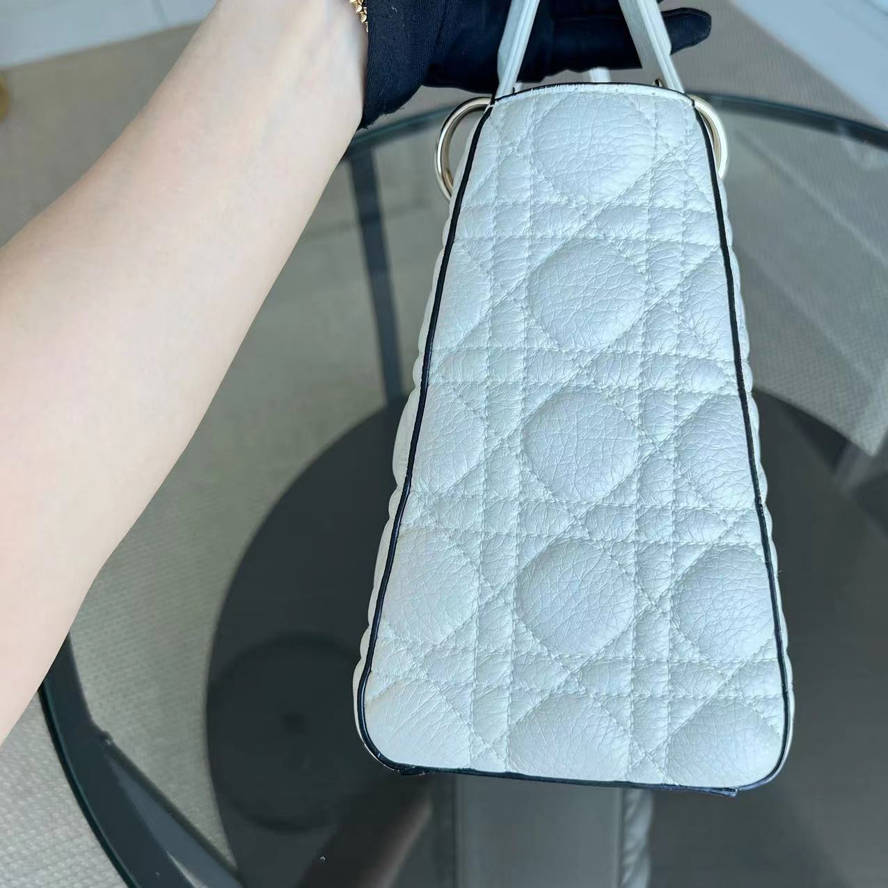 *Flap Version, Grained Calfskin, No Strap* Dior Lady Medium White Cannage Grained Calfskin White GHW - Luxury Evermore