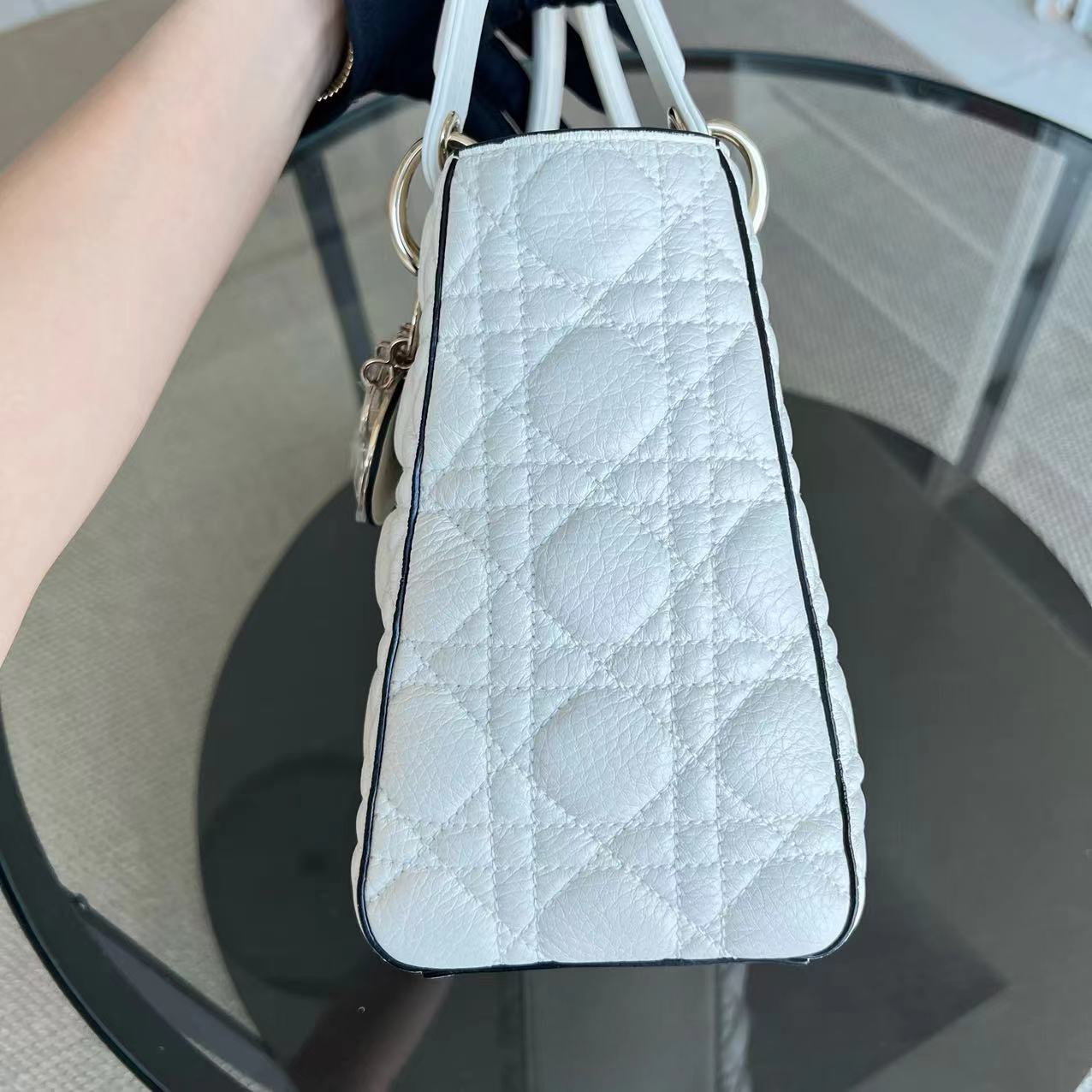 *Flap Version, Grained Calfskin, No Strap* Dior Lady Medium White Cannage Grained Calfskin White GHW - Luxury Evermore