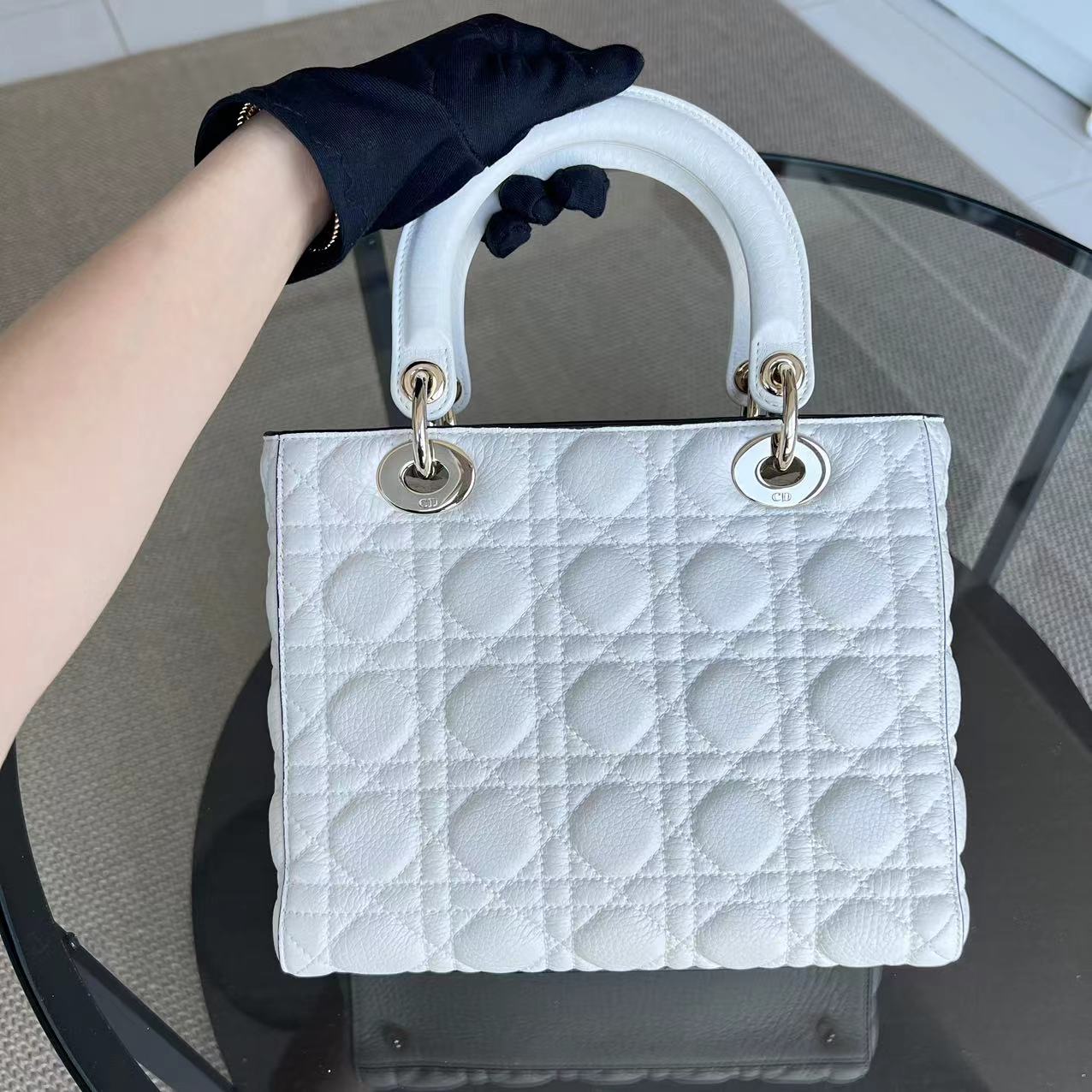 *Flap Version, Grained Calfskin, No Strap* Dior Lady Medium White Cannage Grained Calfskin White GHW - Luxury Evermore