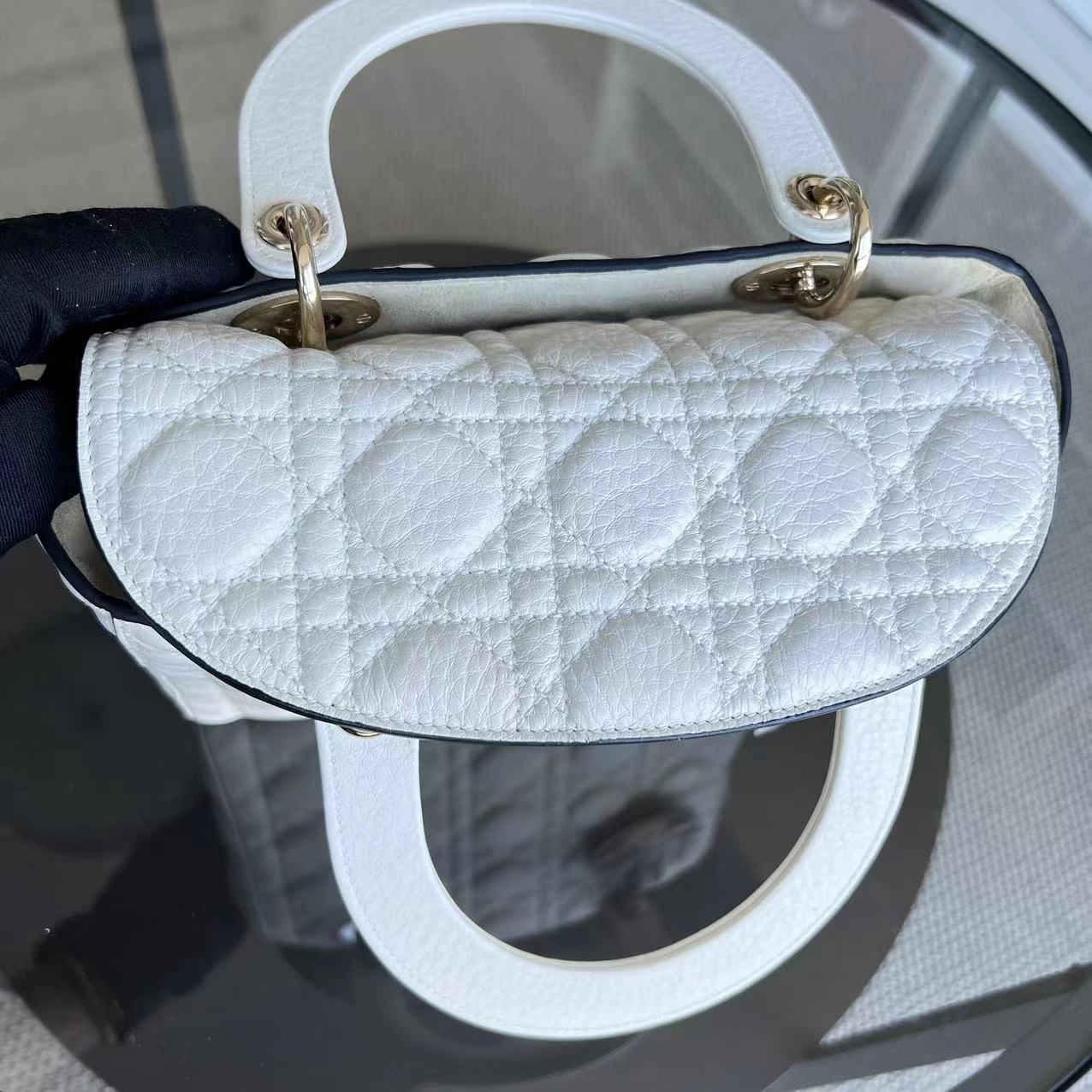 *Flap Version, Grained Calfskin, No Strap* Dior Lady Medium White Cannage Grained Calfskin White GHW - Luxury Evermore