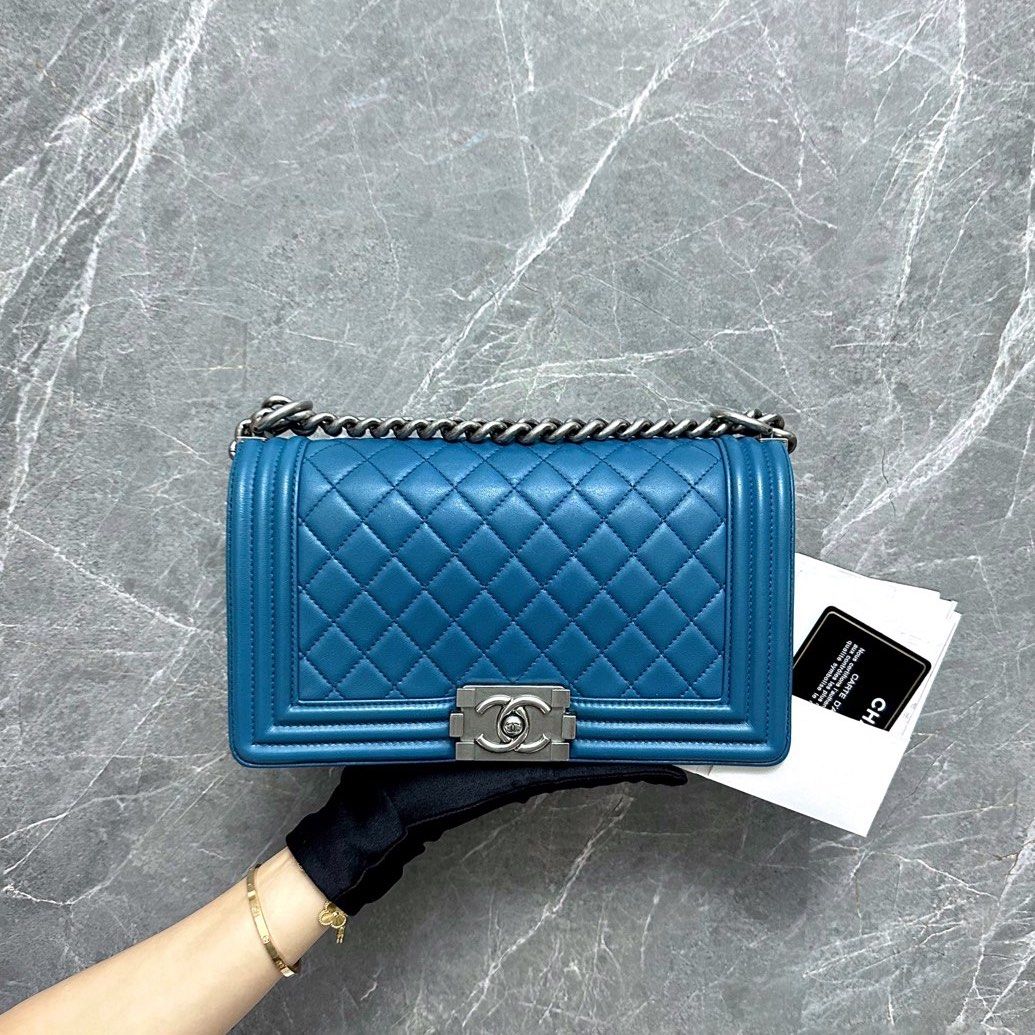 *Full Set* Chanel Boy Old Medium 25cm Lambskin Blue SHW - Luxury Evermore