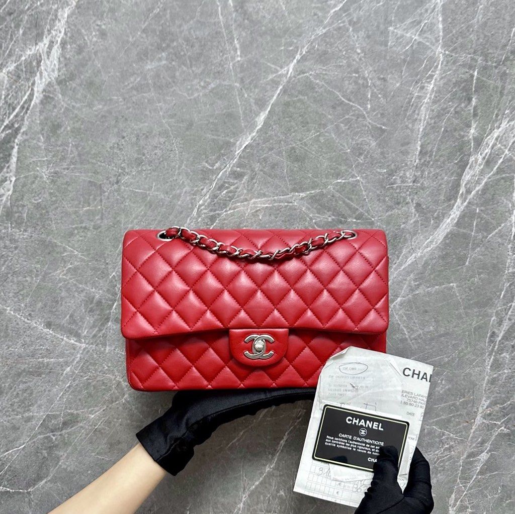 *Full Set* Chanel Medium Classic Flap Lambskin Double Flap Red SHW No 19 - Luxury Evermore