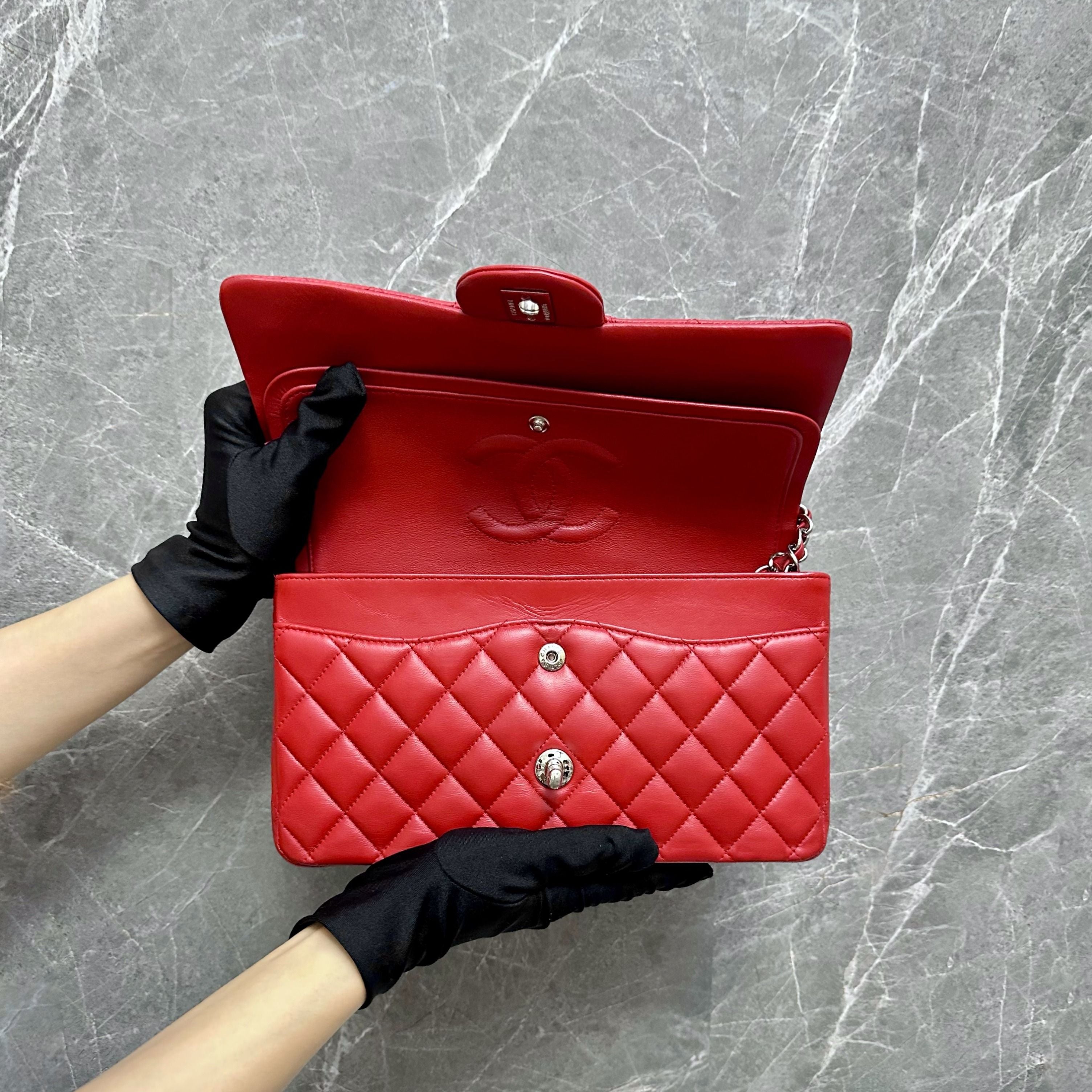 *Full Set* Chanel Medium Classic Flap Lambskin Double Flap Red SHW No 19 - Luxury Evermore