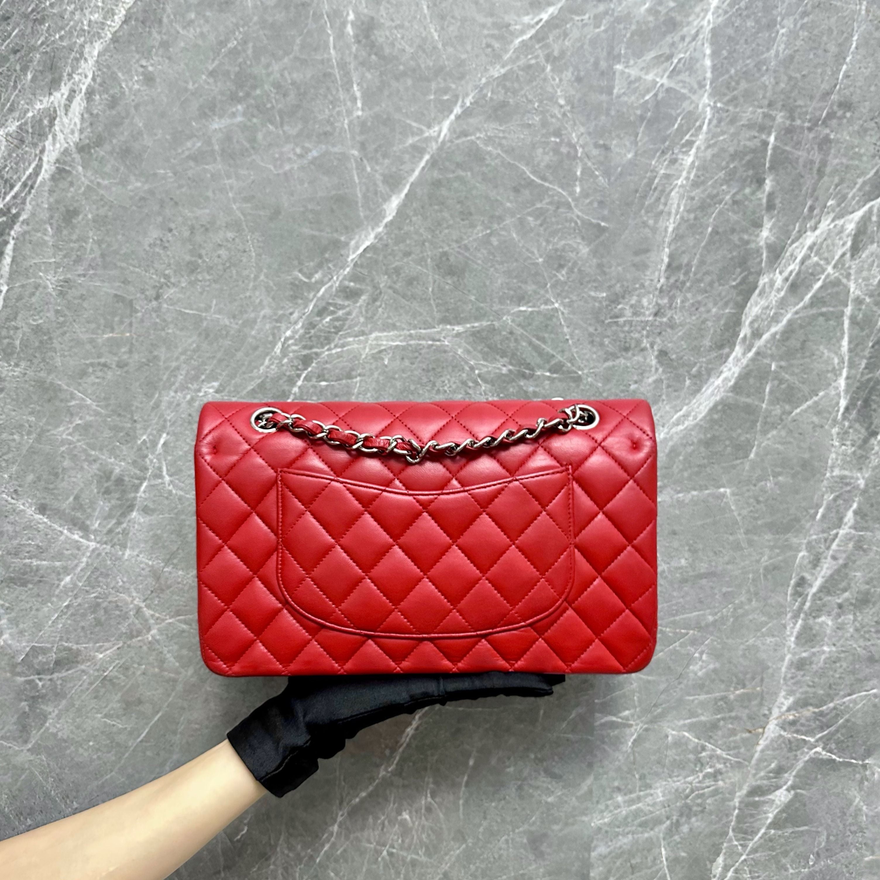 *Full Set* Chanel Medium Classic Flap Lambskin Double Flap Red SHW No 19 - Luxury Evermore