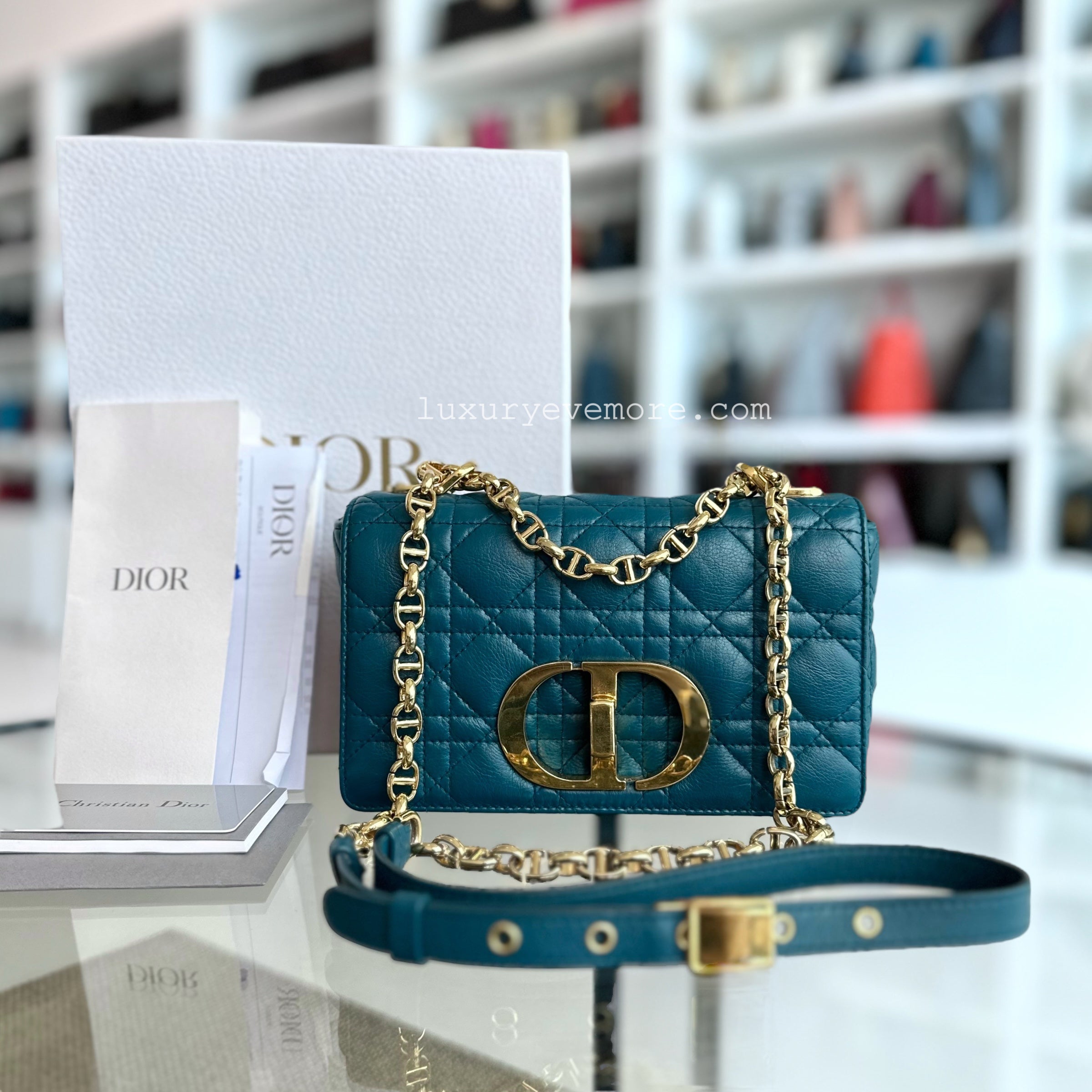 *Full Set* Dior Caro Small Cannage Flap Bag Blue Calfskin GHW - Luxury Evermore