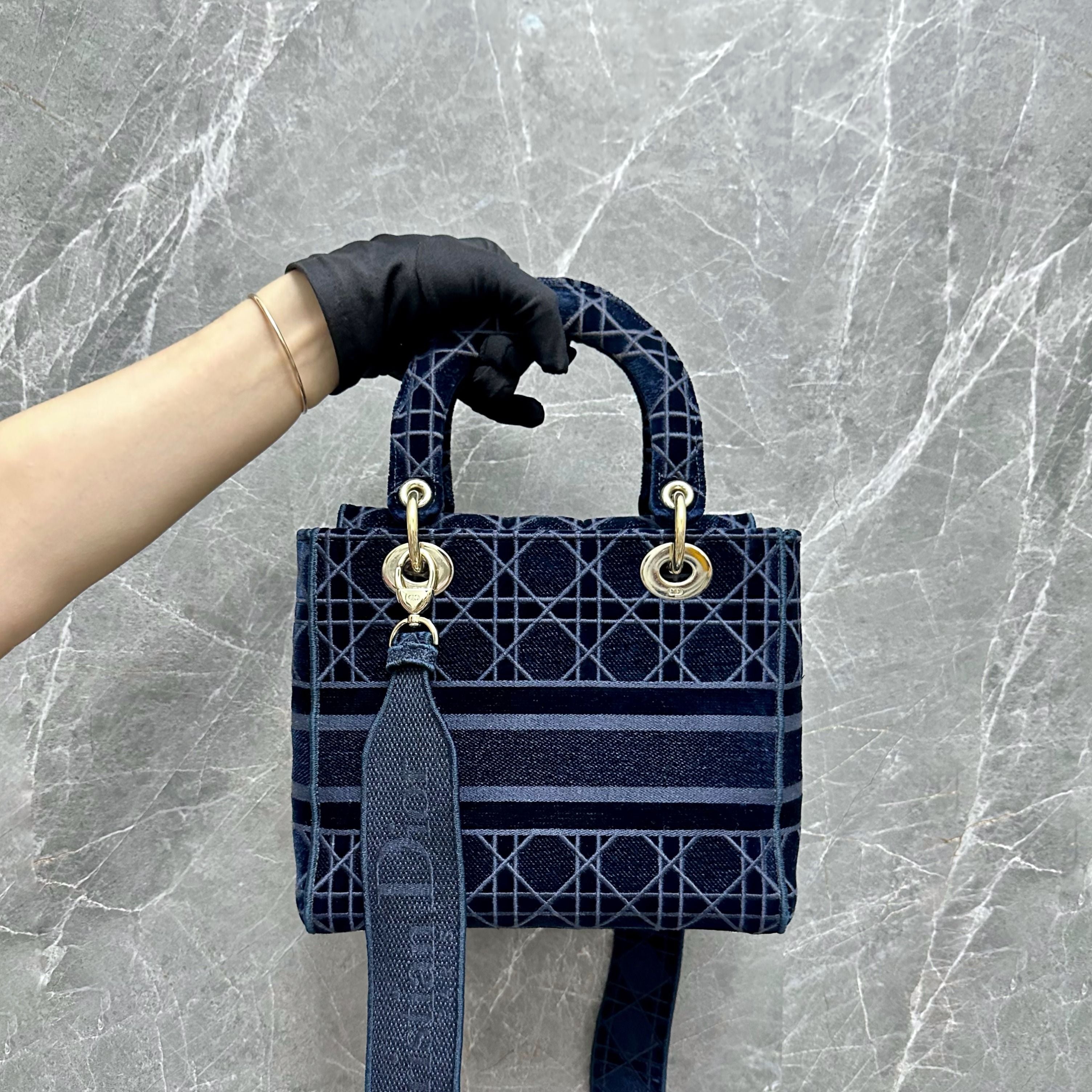 *Full Set* Dior Lady D-Lite Cannage Embroidered Velvet Blue - Luxury Evermore