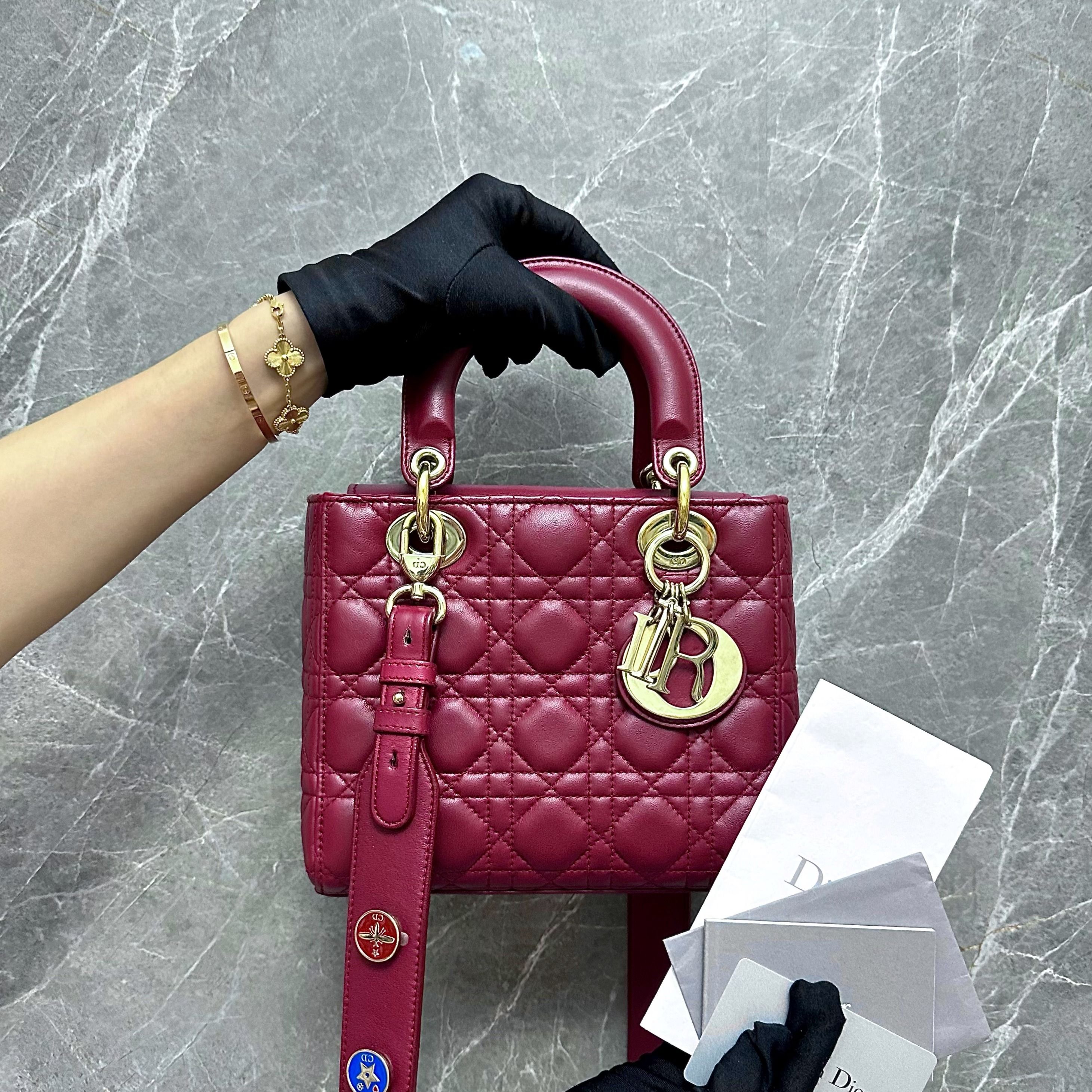 *Full Set* Dior Lady Small Lambskin Charm Burgundy ABC GHW - Luxury Evermore