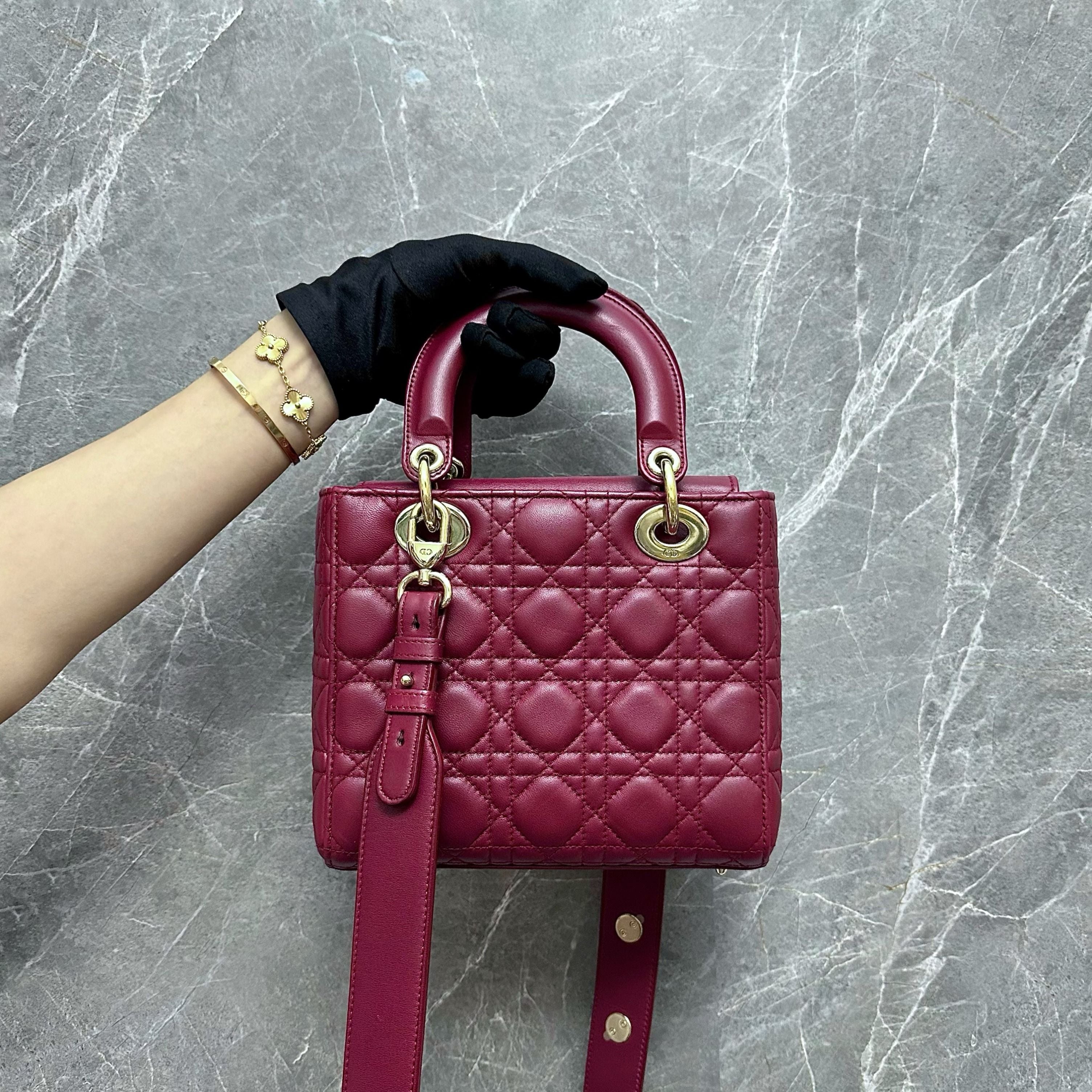 *Full Set* Dior Lady Small Lambskin Charm Burgundy ABC GHW - Luxury Evermore