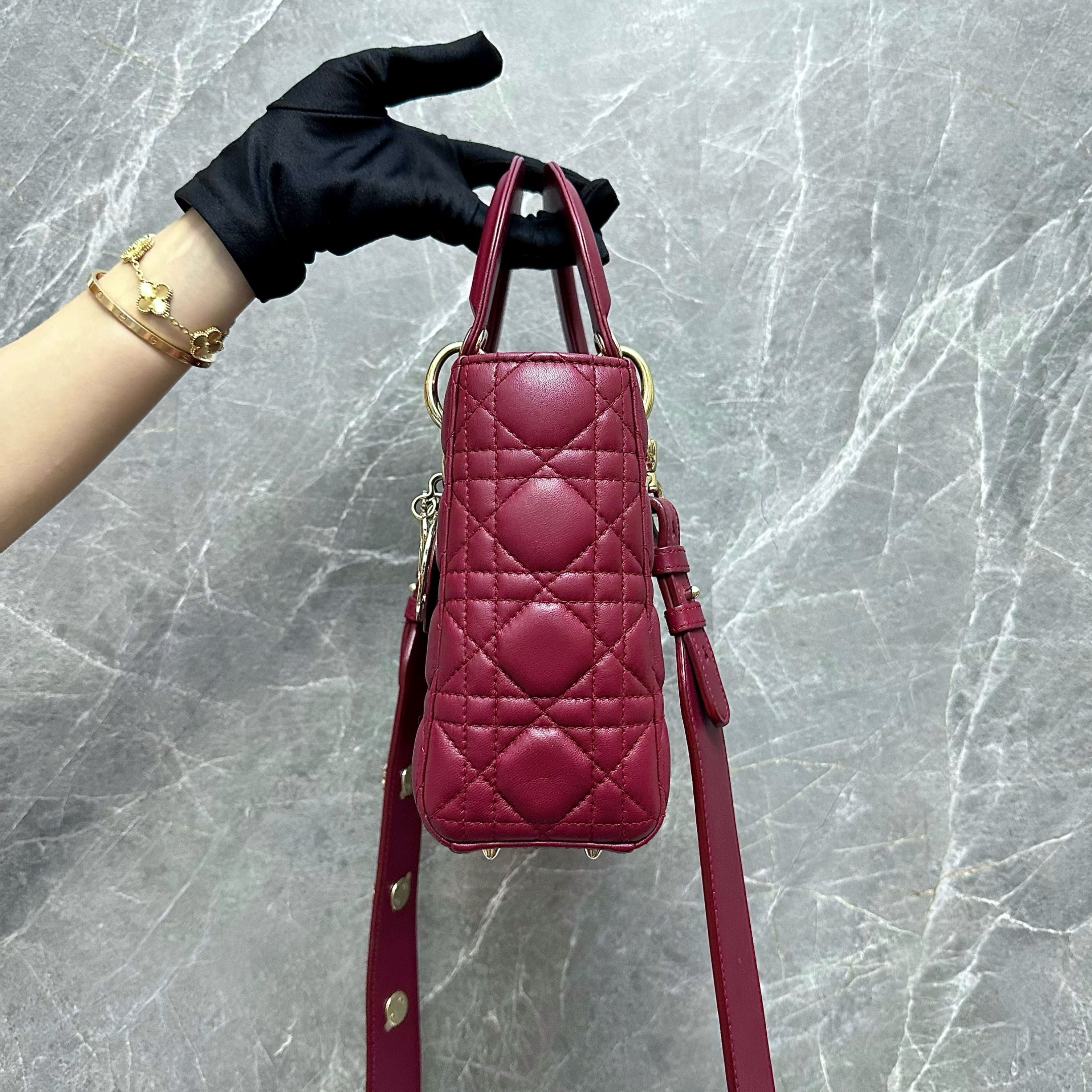 *Full Set* Dior Lady Small Lambskin Charm Burgundy ABC GHW - Luxury Evermore