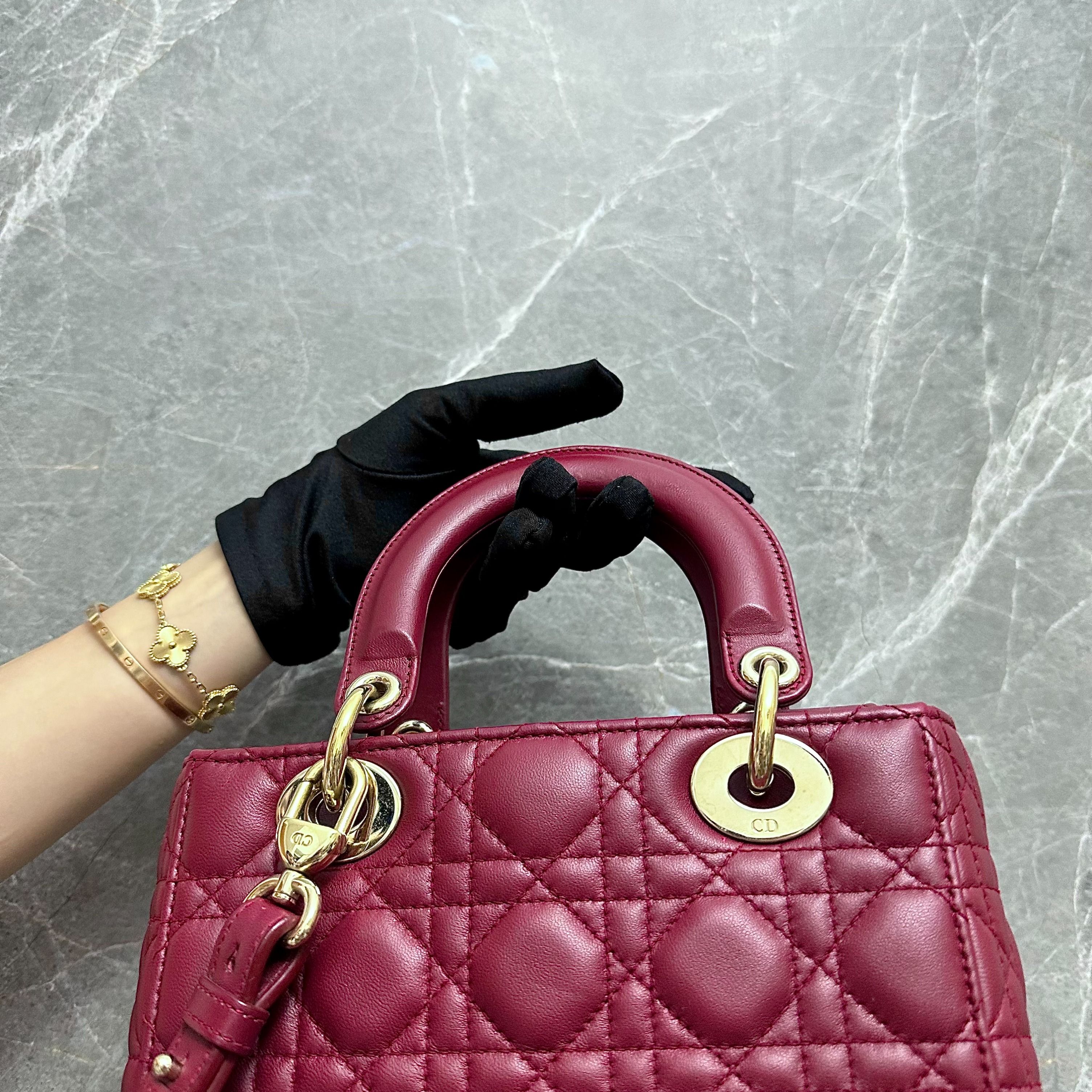 *Full Set* Dior Lady Small Lambskin Charm Burgundy ABC GHW - Luxury Evermore