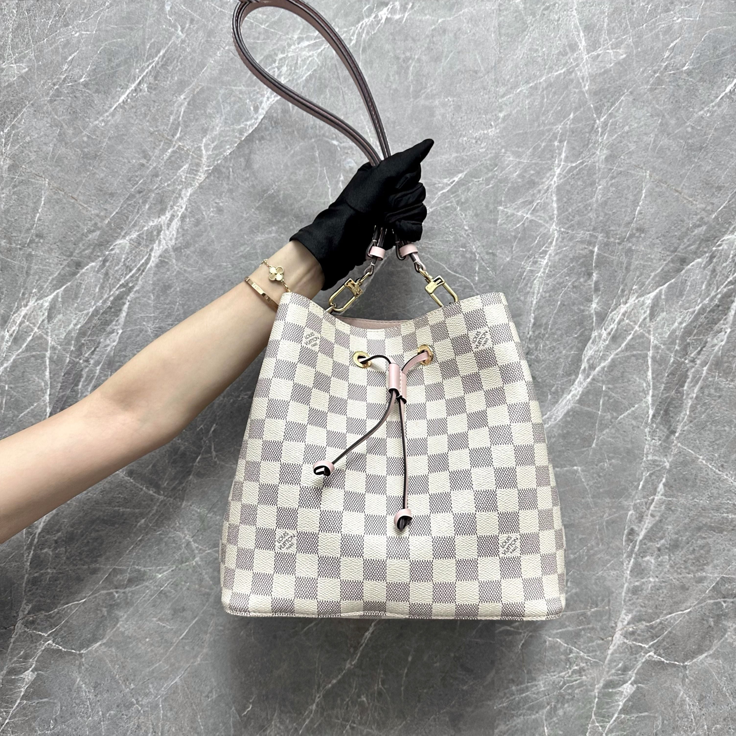 *Full Set* LV NeoNoe MM Damier Azur Pink Bucket Shoulder Bag Louis Vuitton - Luxury Evermore