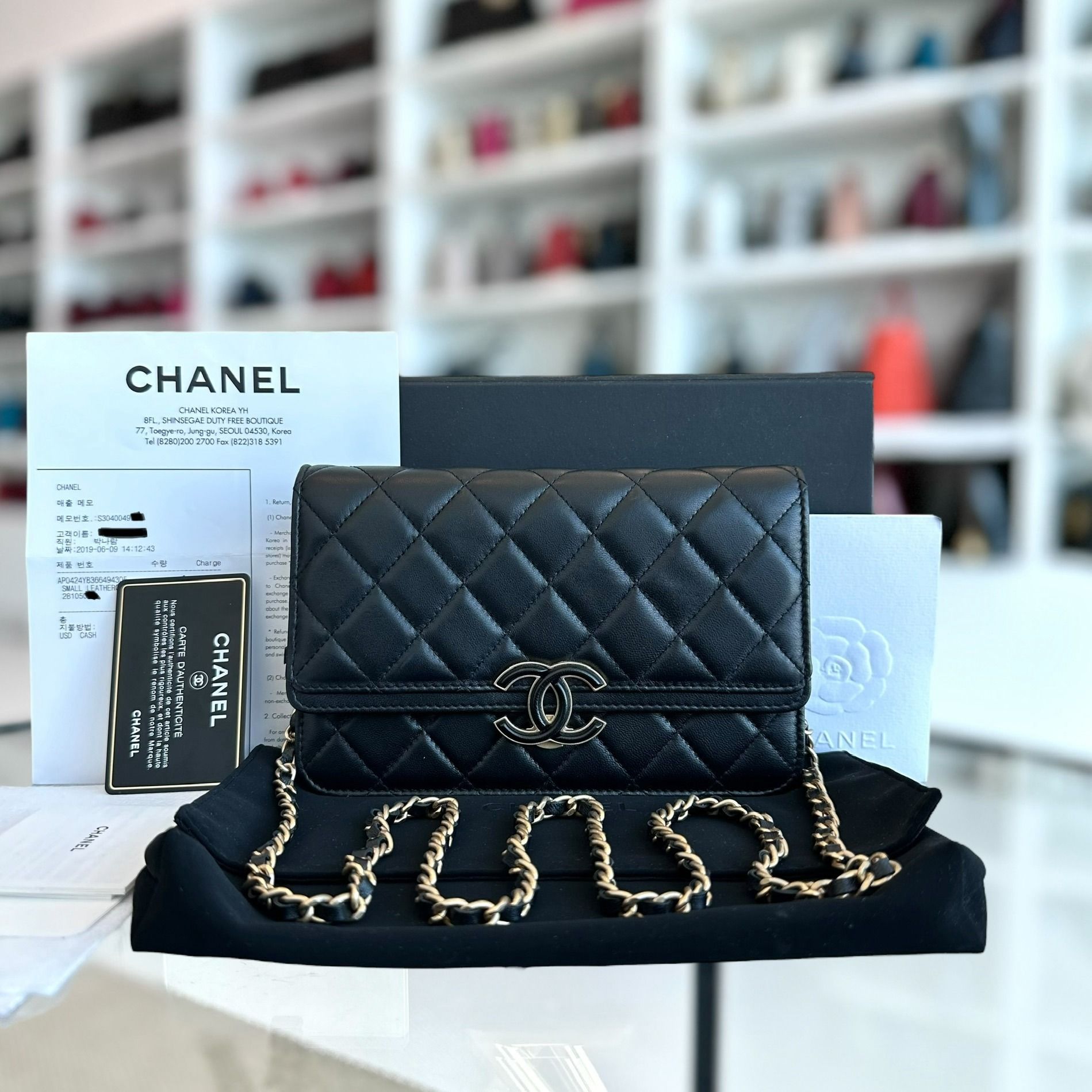 *Full Set, Receipt, 2019* Chanel WOC Wallet On Chain Quilted Lambskin Black GHW No 28 - Luxury Evermore