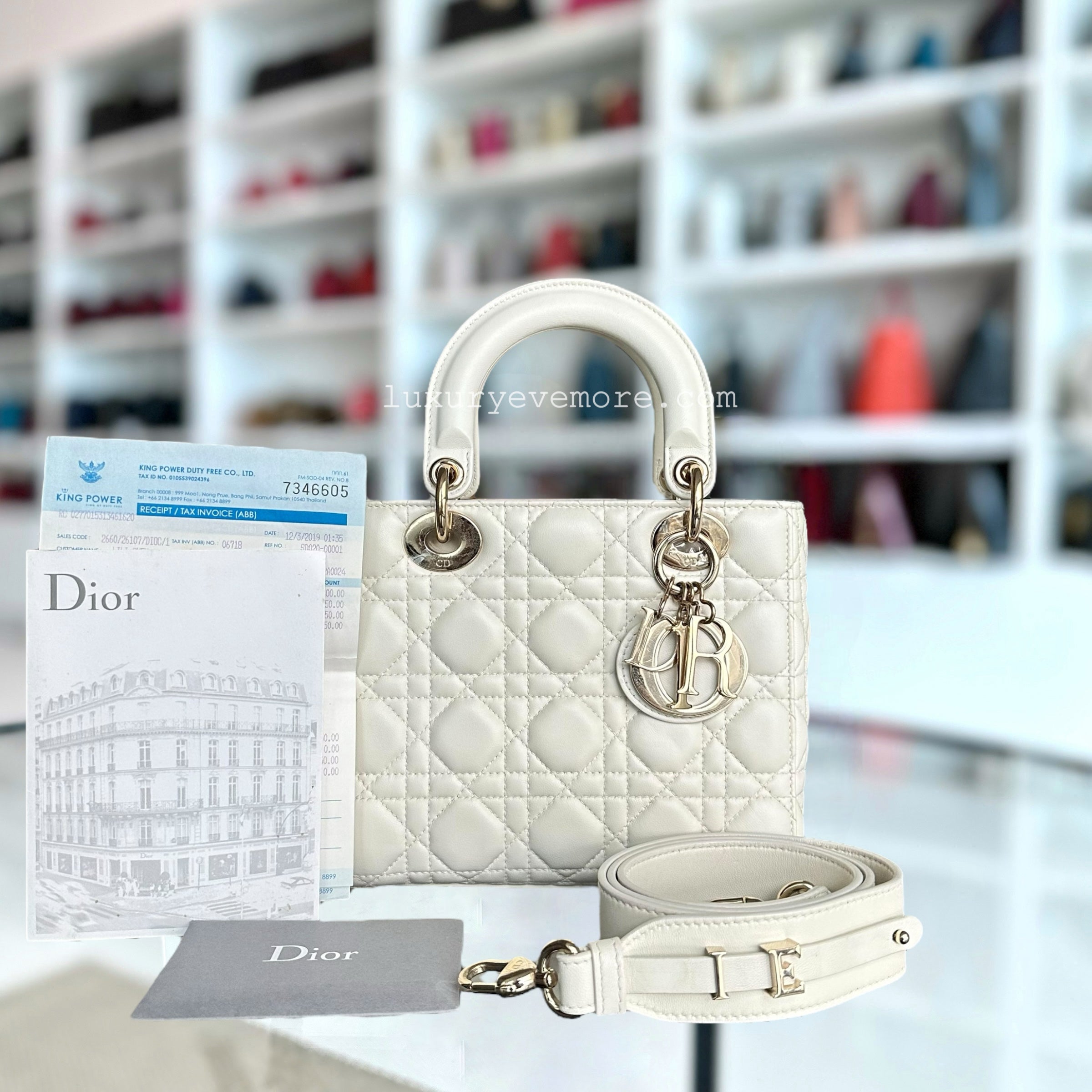 *Full Set, Receipt, ABC Strap* Dior Lady Small Cannage Lambskin Cream White Light Golden Hardware ABC Strap MyABC - Luxury Evermore