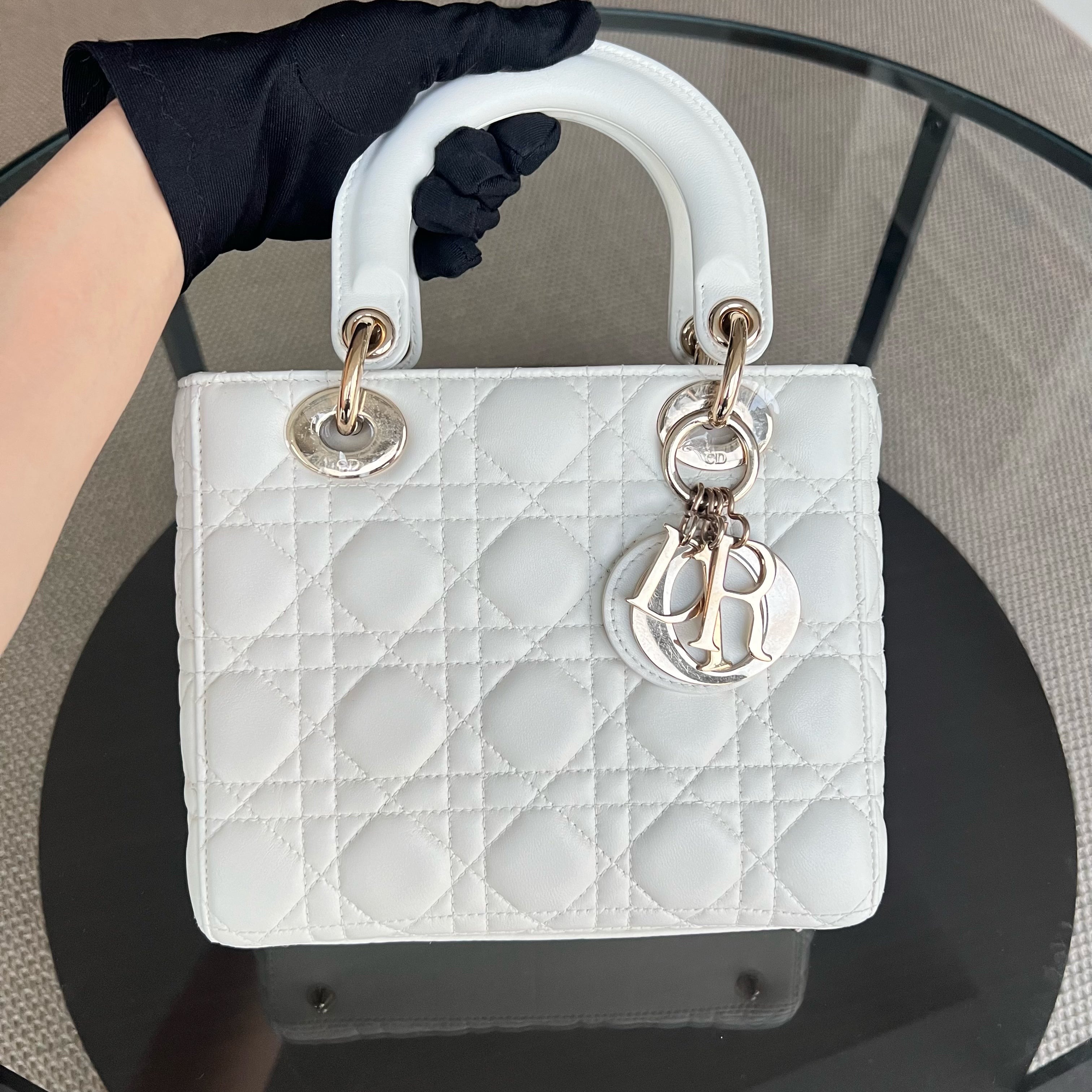 *Full Set, Receipt, ABC Strap* Dior Lady Small Cannage Lambskin Cream White Light Golden Hardware ABC Strap MyABC - Luxury Evermore