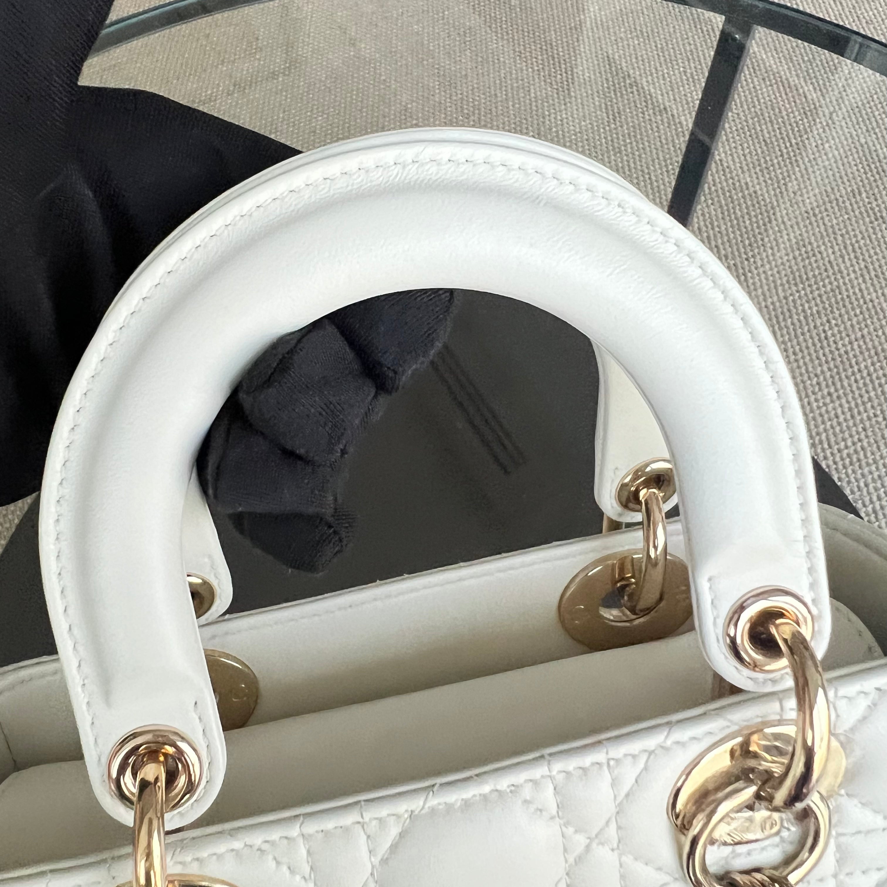 *Full Set, Receipt, ABC Strap* Dior Lady Small Cannage Lambskin Cream White Light Golden Hardware ABC Strap MyABC - Luxury Evermore