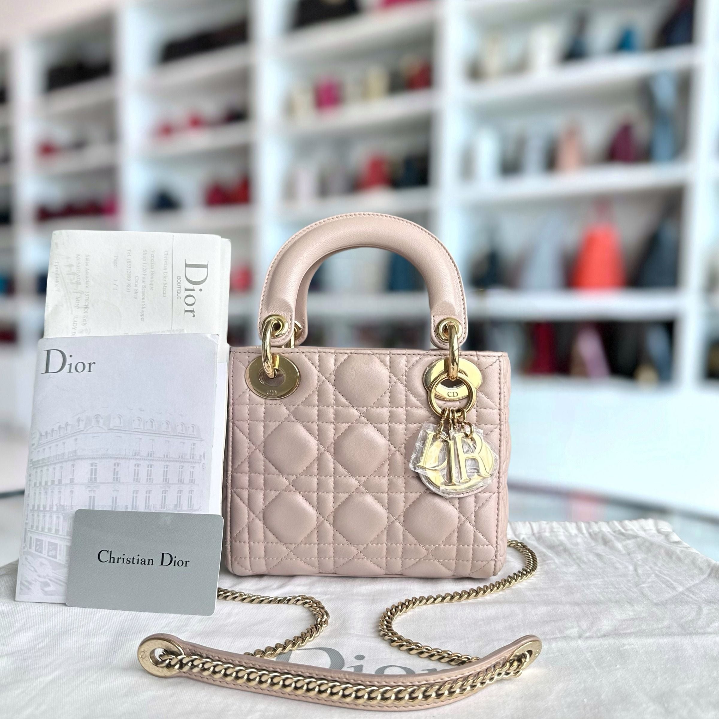 *Full Set, Receipt, Chain Strap* Dior Lady Mini Cannage Lambskin Iridescent Pink GHW - Luxury Evermore