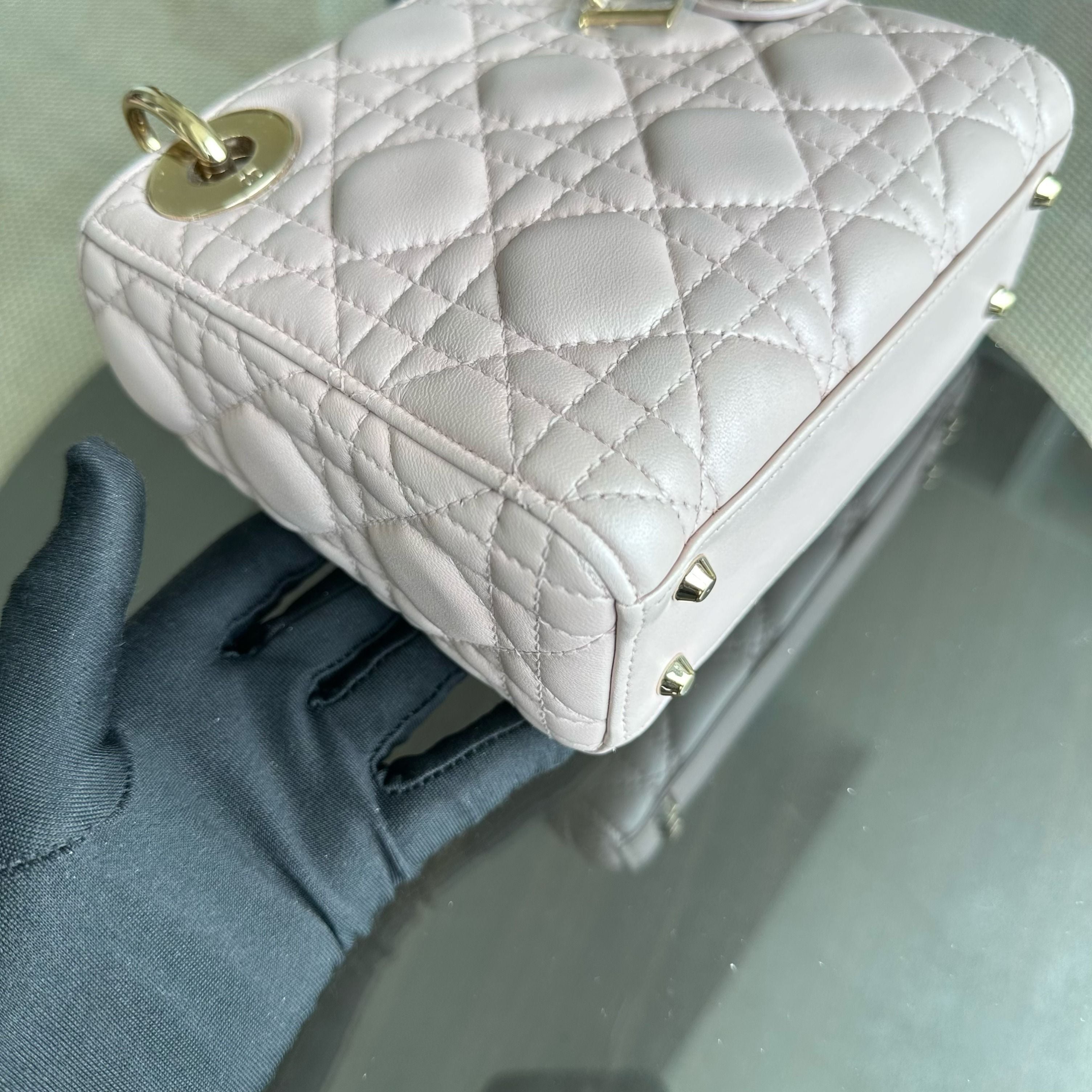 *Full Set, Receipt, Chain Strap* Dior Lady Mini Cannage Lambskin Iridescent Pink GHW - Luxury Evermore