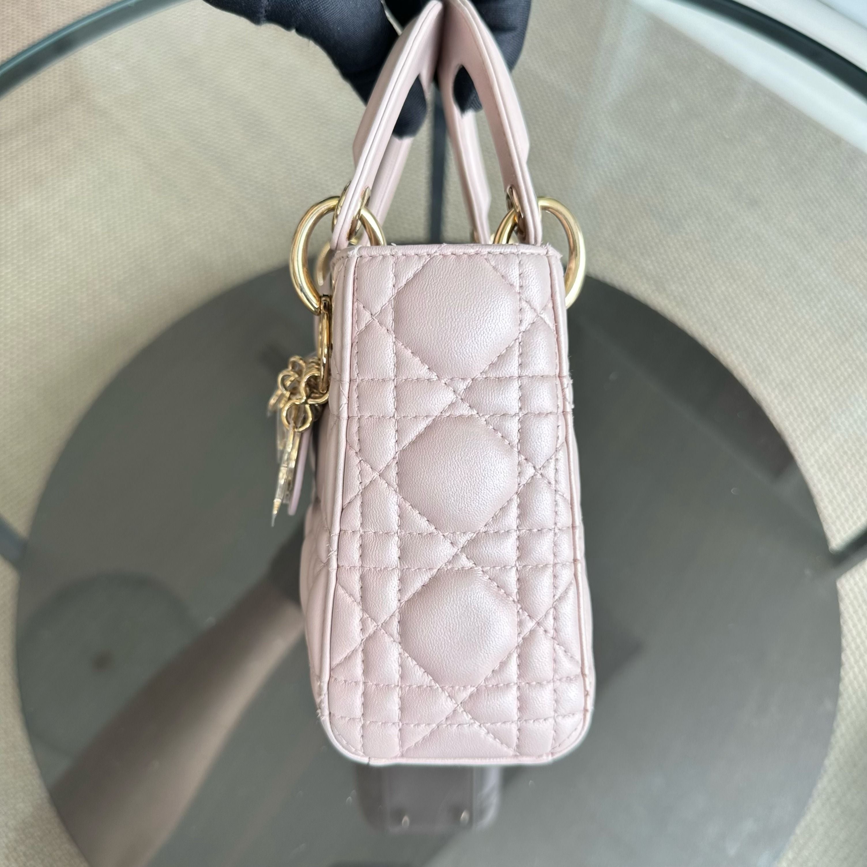 *Full Set, Receipt, Chain Strap* Dior Lady Mini Cannage Lambskin Iridescent Pink GHW - Luxury Evermore