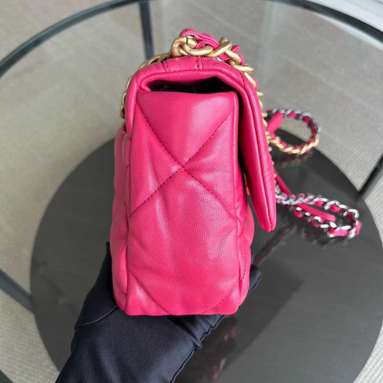 *Full Set, Receipt* Chanel 19bag C19 Goatskin Quilted Small Hot Pink Two-tone Hardware Series 29 - Luxury Evermore