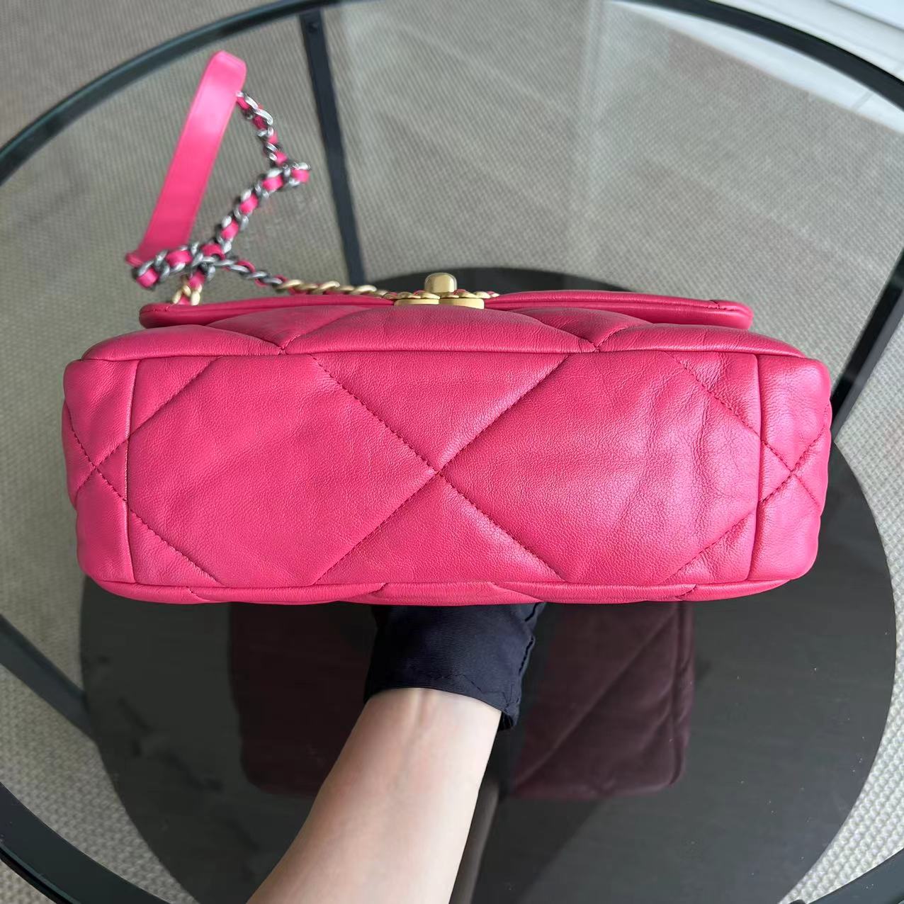 *Full Set, Receipt* Chanel 19bag C19 Goatskin Quilted Small Hot Pink Two-tone Hardware Series 29 - Luxury Evermore