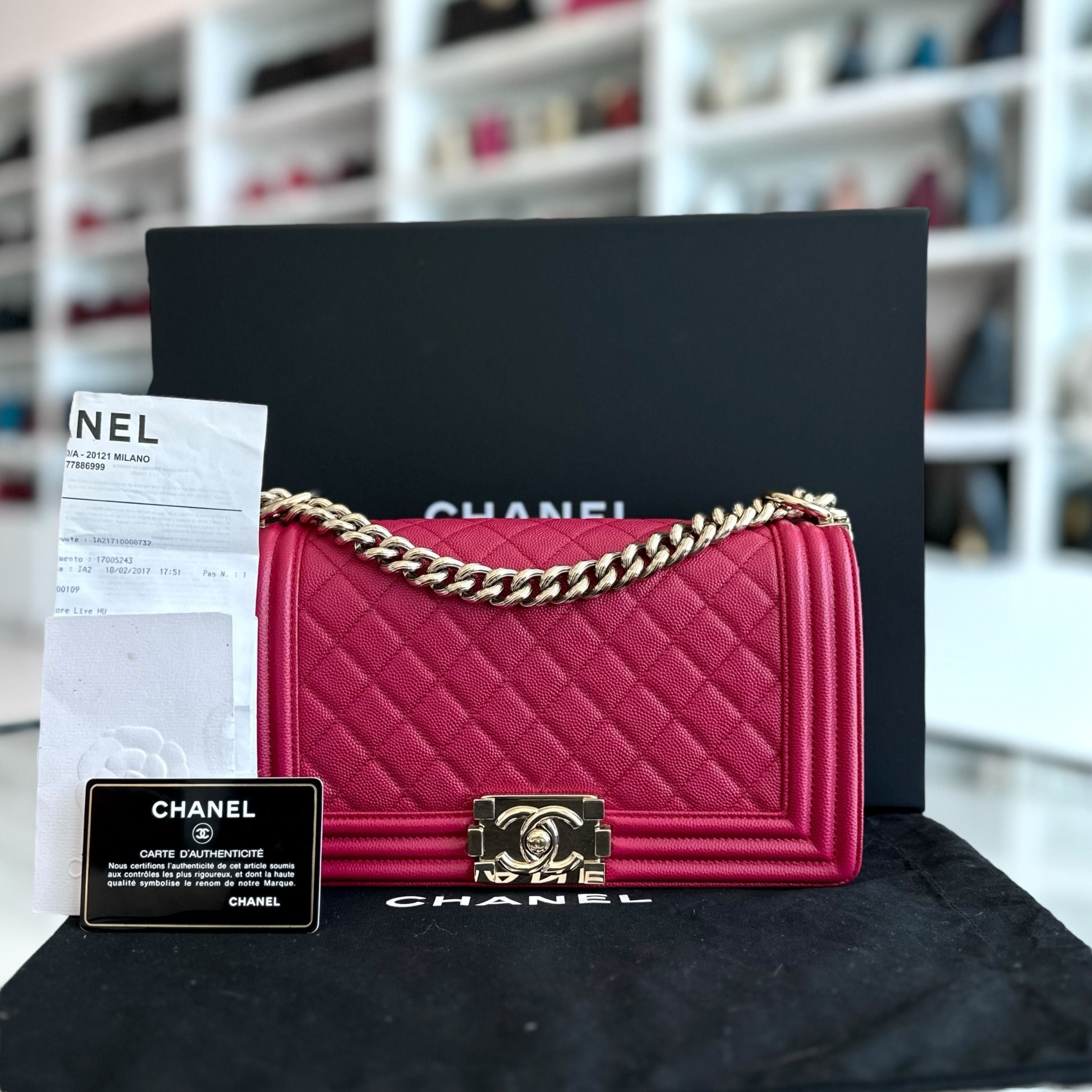 *Full Set, Receipt* Chanel Boy Caviar Old Medium 25CM Quilted Leboy Hot Pink GHW No 23 - Luxury Evermore