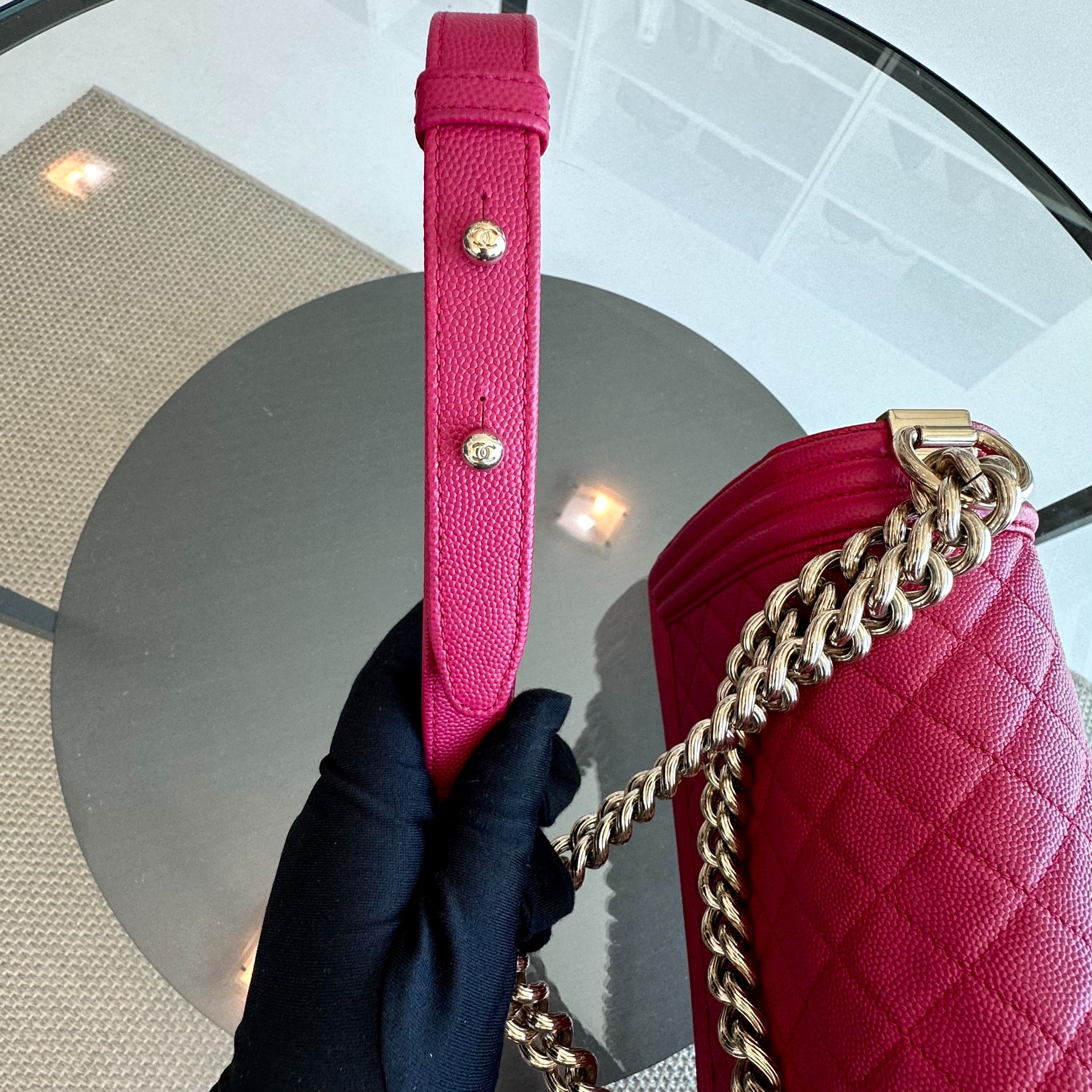 *Full Set, Receipt* Chanel Boy Caviar Old Medium 25CM Quilted Leboy Hot Pink GHW No 23 - Luxury Evermore