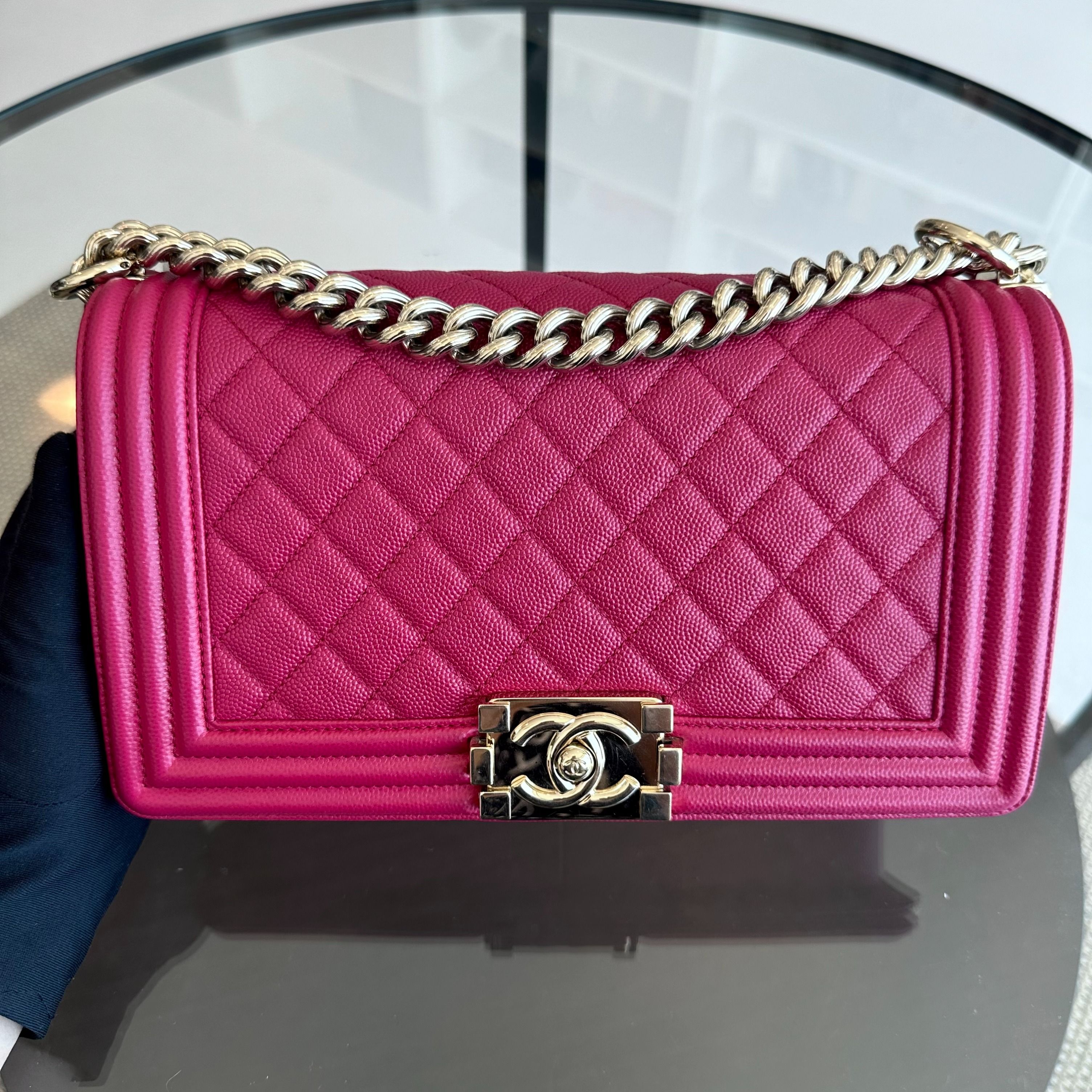 *Full Set, Receipt* Chanel Boy Caviar Old Medium 25CM Quilted Leboy Hot Pink GHW No 23 - Luxury Evermore