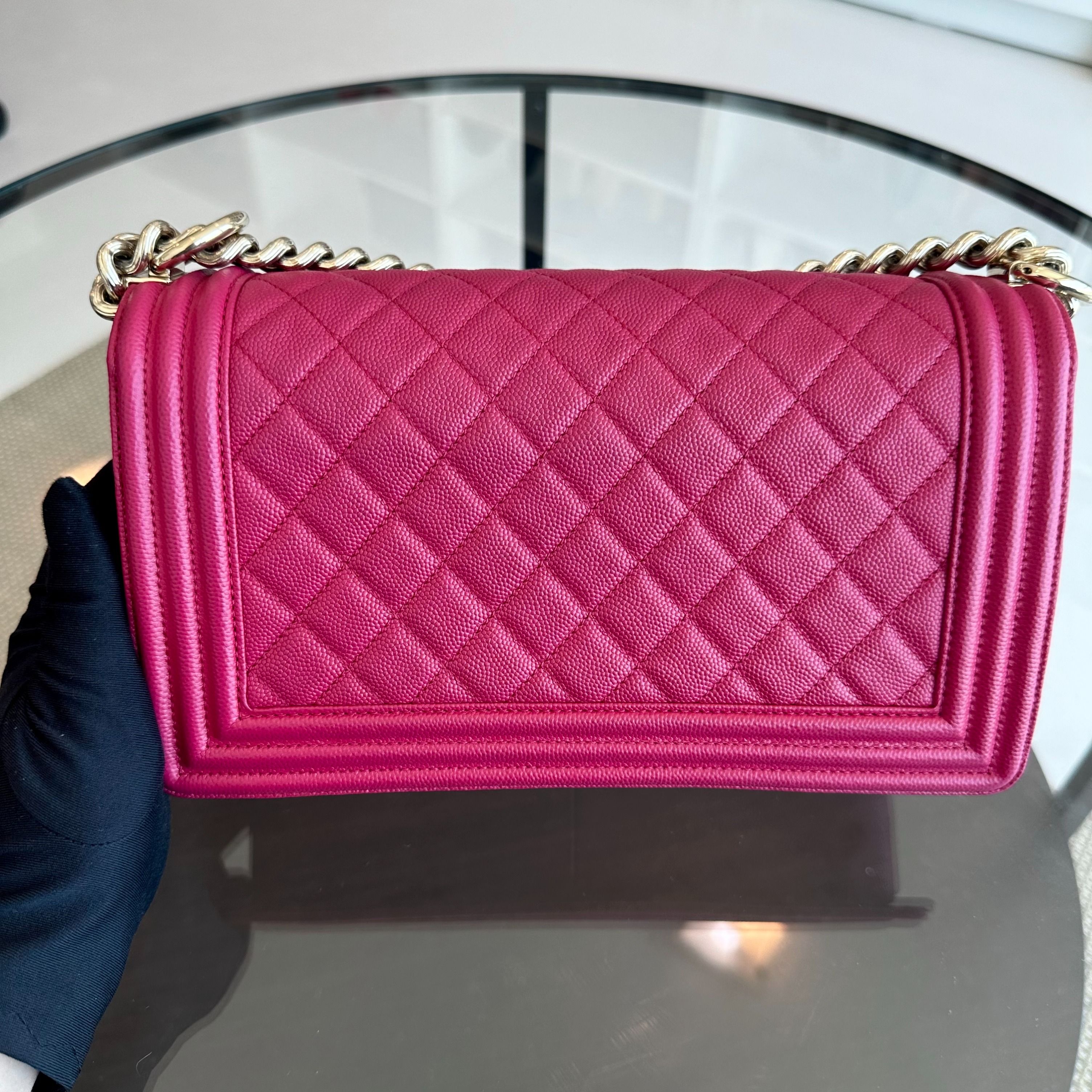 *Full Set, Receipt* Chanel Boy Caviar Old Medium 25CM Quilted Leboy Hot Pink GHW No 23 - Luxury Evermore