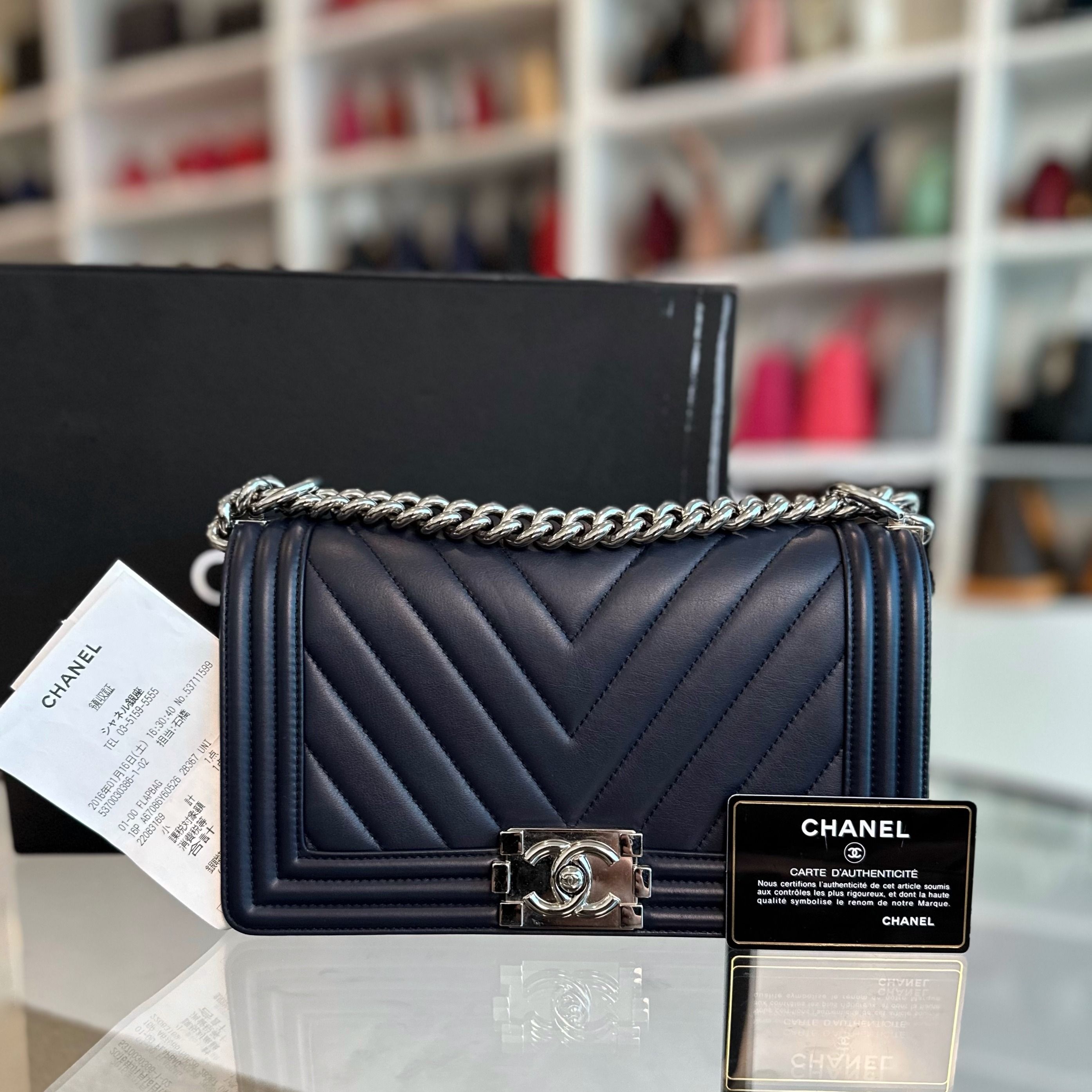 *Full Set Receipt* Chanel Boy Lambskin Old Medium 25CM Chevron Dark Blue SHW No 22 - Luxury Evermore