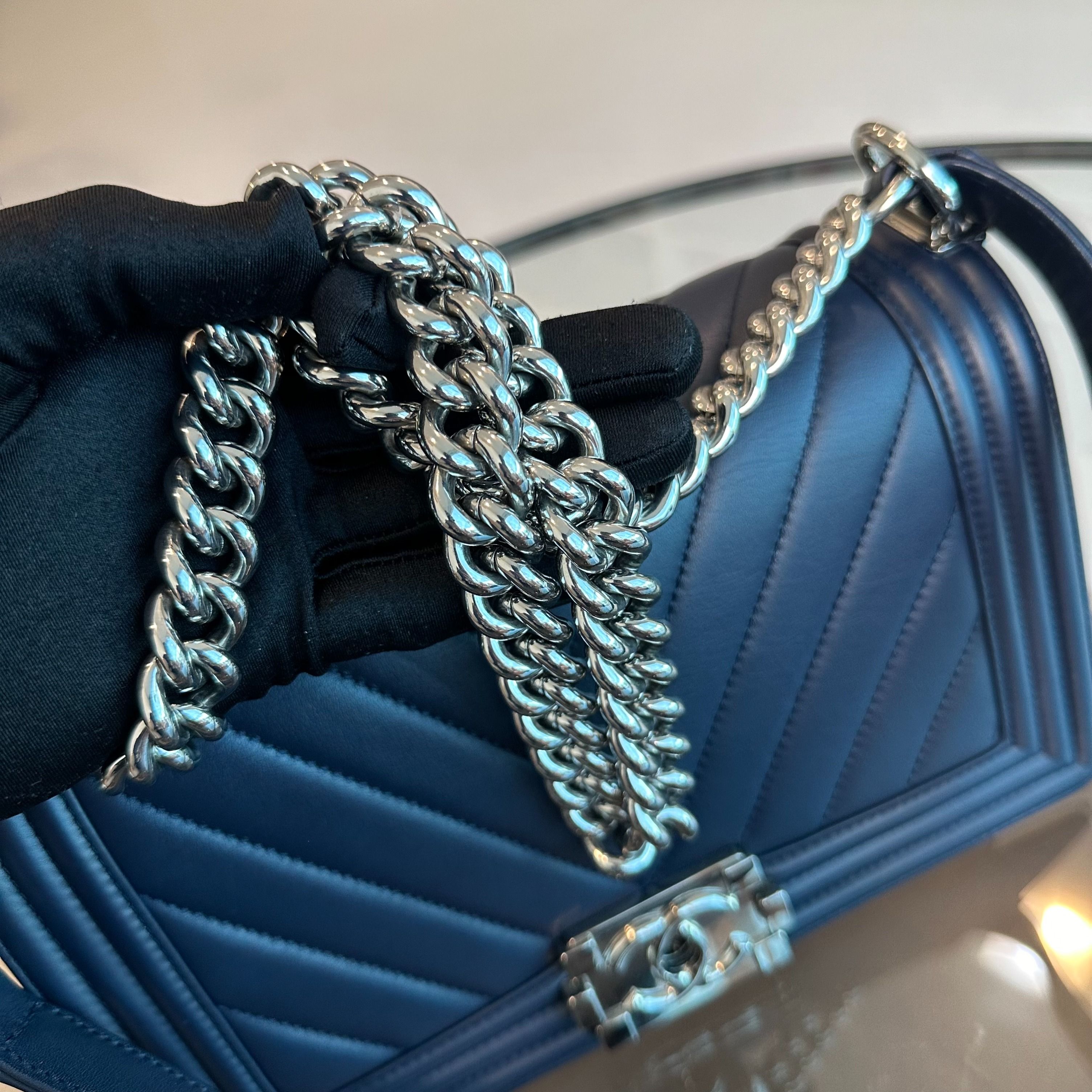 *Full Set Receipt* Chanel Boy Lambskin Old Medium 25CM Chevron Dark Blue SHW No 22 - Luxury Evermore