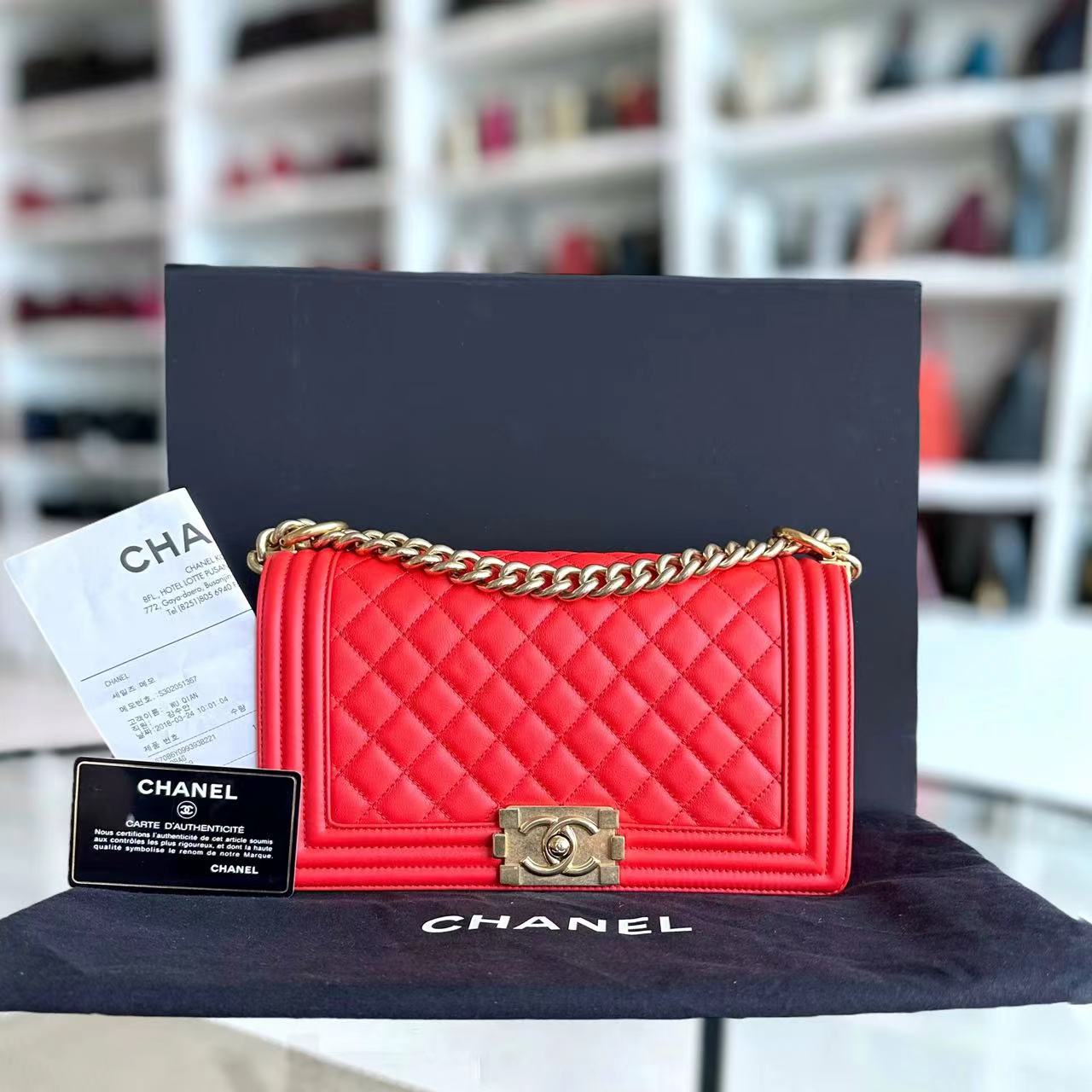 *Full Set, Receipt* Chanel Boy Old Medium 25CM Quilted Calfskin Red Leboy Golden Hardware Series 23 - Luxury Evermore