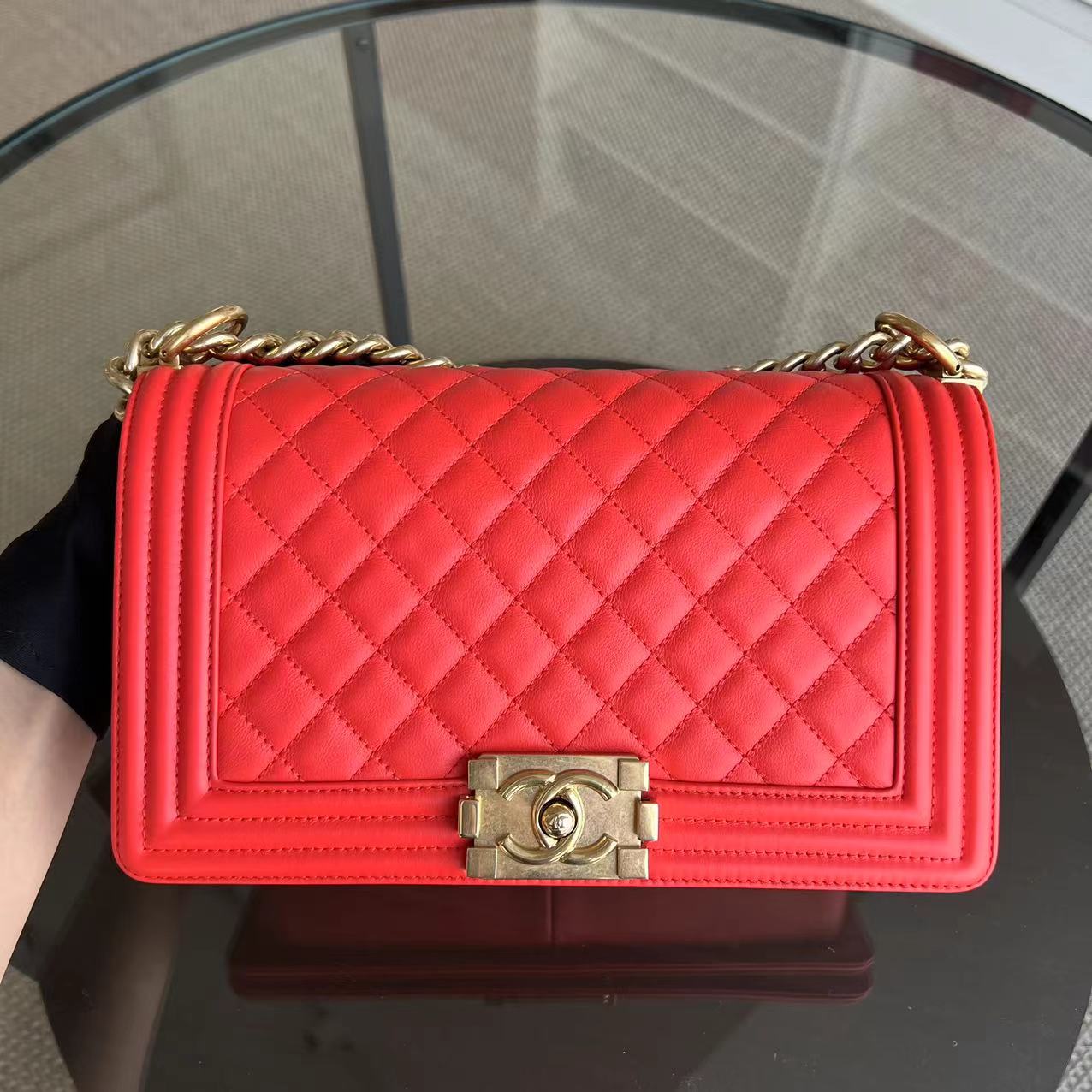 *Full Set, Receipt* Chanel Boy Old Medium 25CM Quilted Calfskin Red Leboy Golden Hardware Series 23 - Luxury Evermore