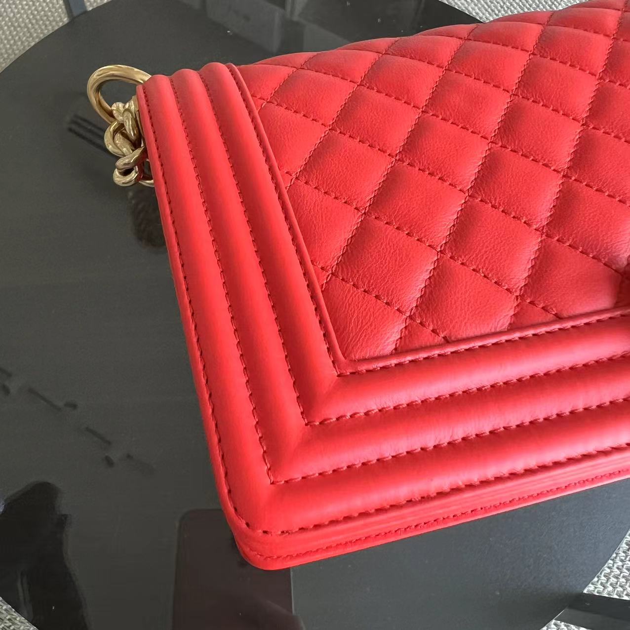 *Full Set, Receipt* Chanel Boy Old Medium 25CM Quilted Calfskin Red Leboy Golden Hardware Series 23 - Luxury Evermore