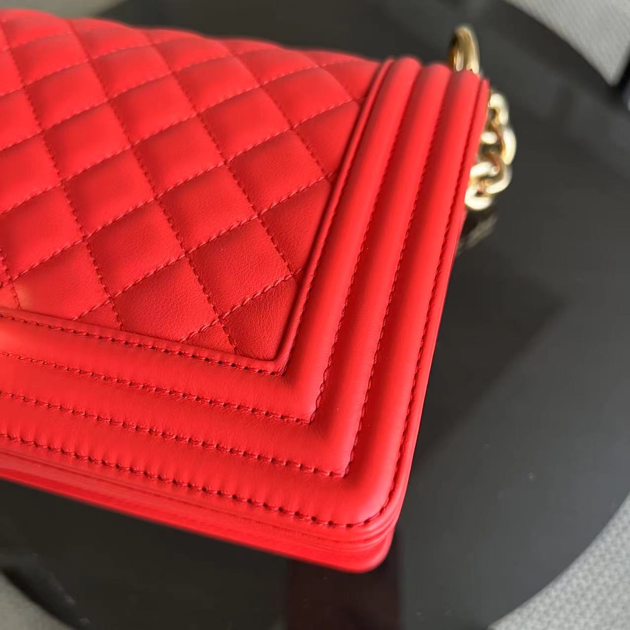 *Full Set, Receipt* Chanel Boy Old Medium 25CM Quilted Calfskin Red Leboy Golden Hardware Series 23 - Luxury Evermore