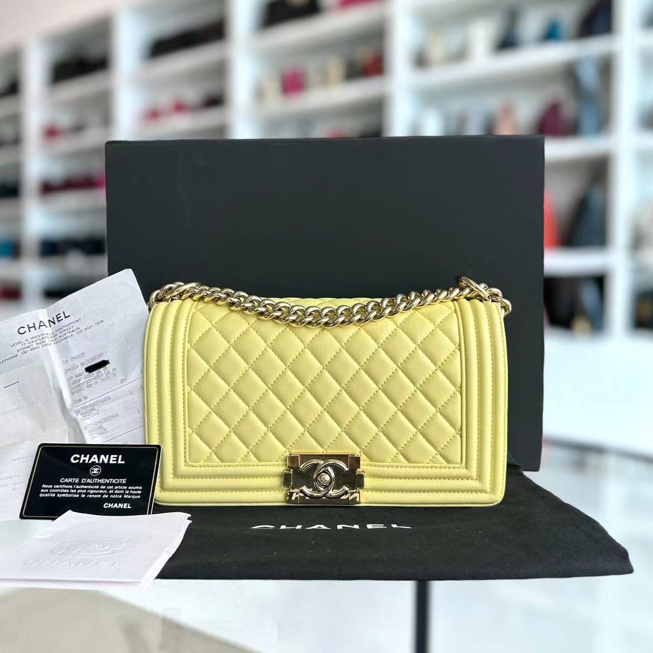 *Full Set Receipt* Chanel Boy Old Medium 25CM Quilted Calfskin Yellow Golden Hardware Series 22 - Luxury Evermore