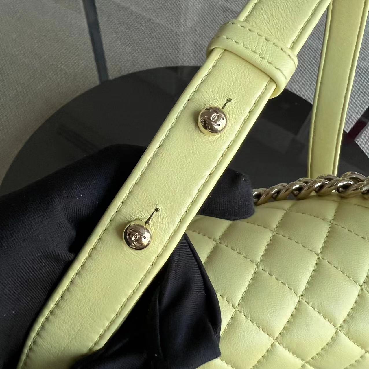 *Full Set Receipt* Chanel Boy Old Medium 25CM Quilted Calfskin Yellow Golden Hardware Series 22 - Luxury Evermore