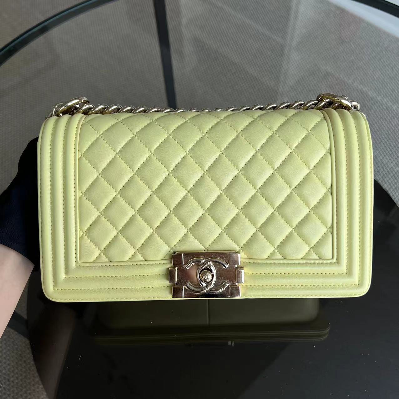 *Full Set Receipt* Chanel Boy Old Medium 25CM Quilted Calfskin Yellow Golden Hardware Series 22 - Luxury Evermore