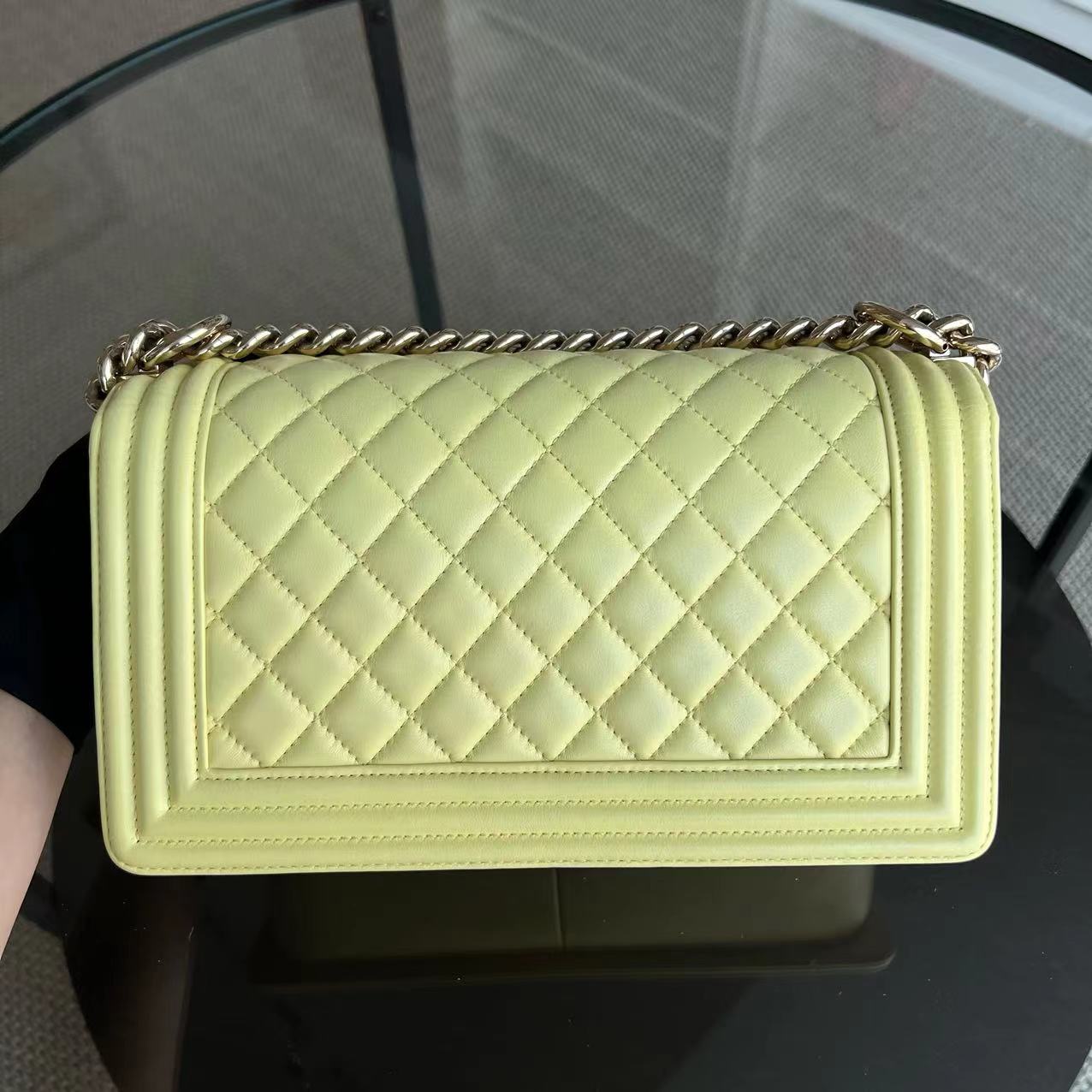 *Full Set Receipt* Chanel Boy Old Medium 25CM Quilted Calfskin Yellow Golden Hardware Series 22 - Luxury Evermore