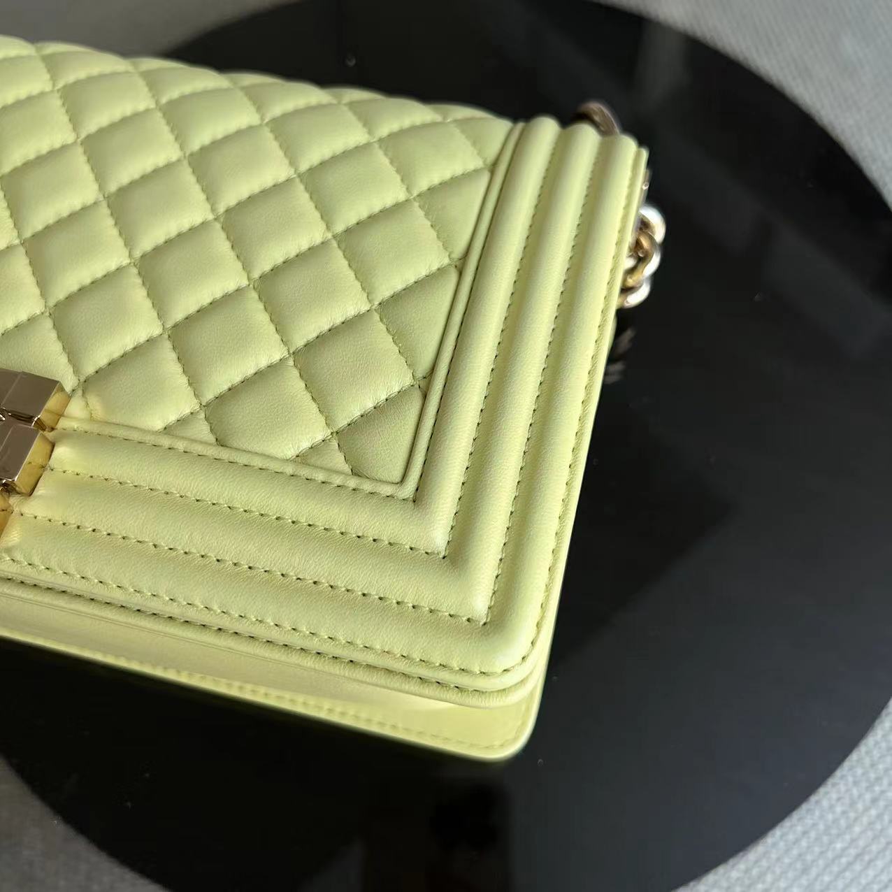 *Full Set Receipt* Chanel Boy Old Medium 25CM Quilted Calfskin Yellow Golden Hardware Series 22 - Luxury Evermore