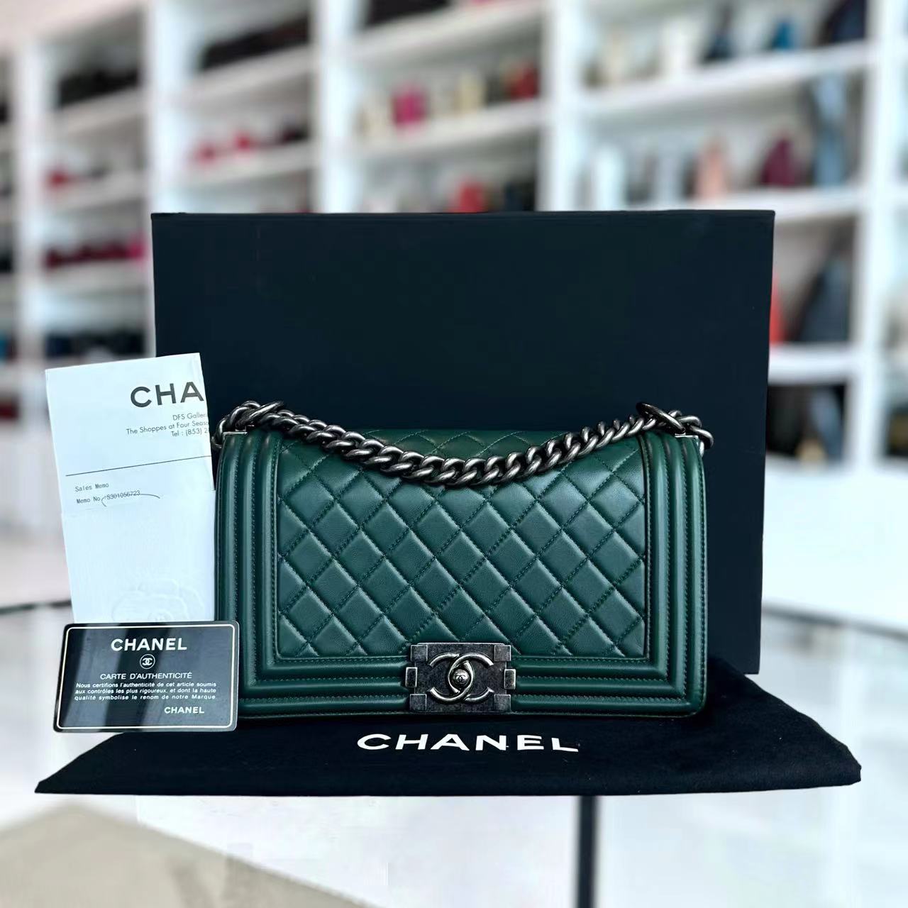 *Full Set, Receipt* Chanel Boy Old Medium 25CM Quilted Lambskin Dark Green Leboy Silver Hardware Series 21 - Luxury Evermore