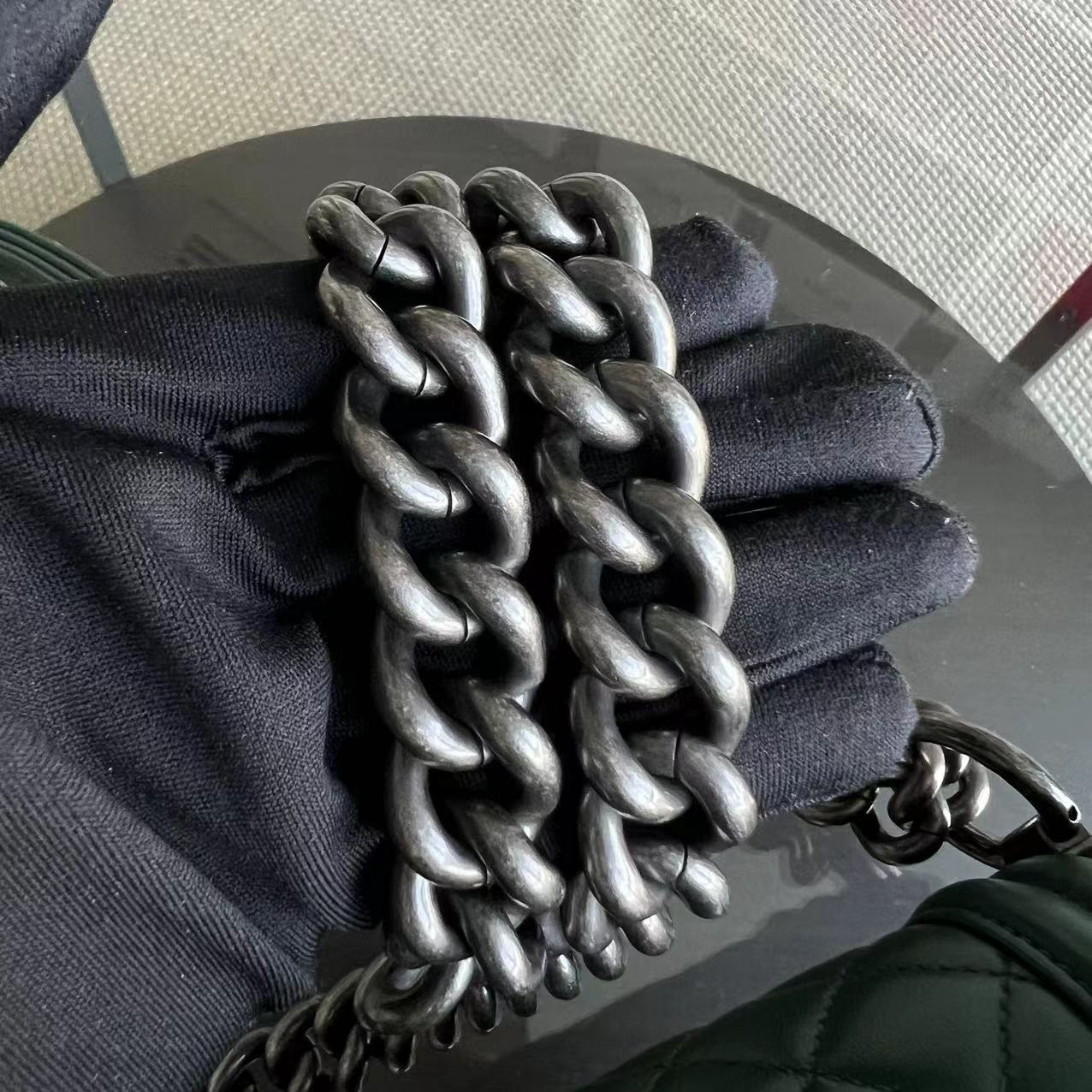 *Full Set, Receipt* Chanel Boy Old Medium 25CM Quilted Lambskin Dark Green Leboy Silver Hardware Series 21 - Luxury Evermore