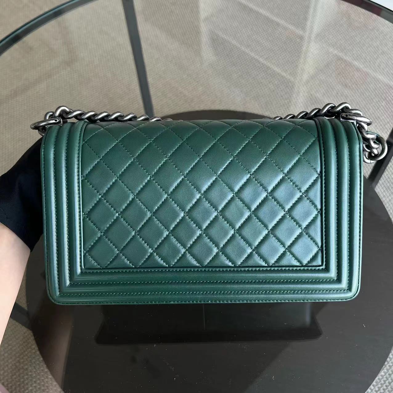 *Full Set, Receipt* Chanel Boy Old Medium 25CM Quilted Lambskin Dark Green Leboy Silver Hardware Series 21 - Luxury Evermore